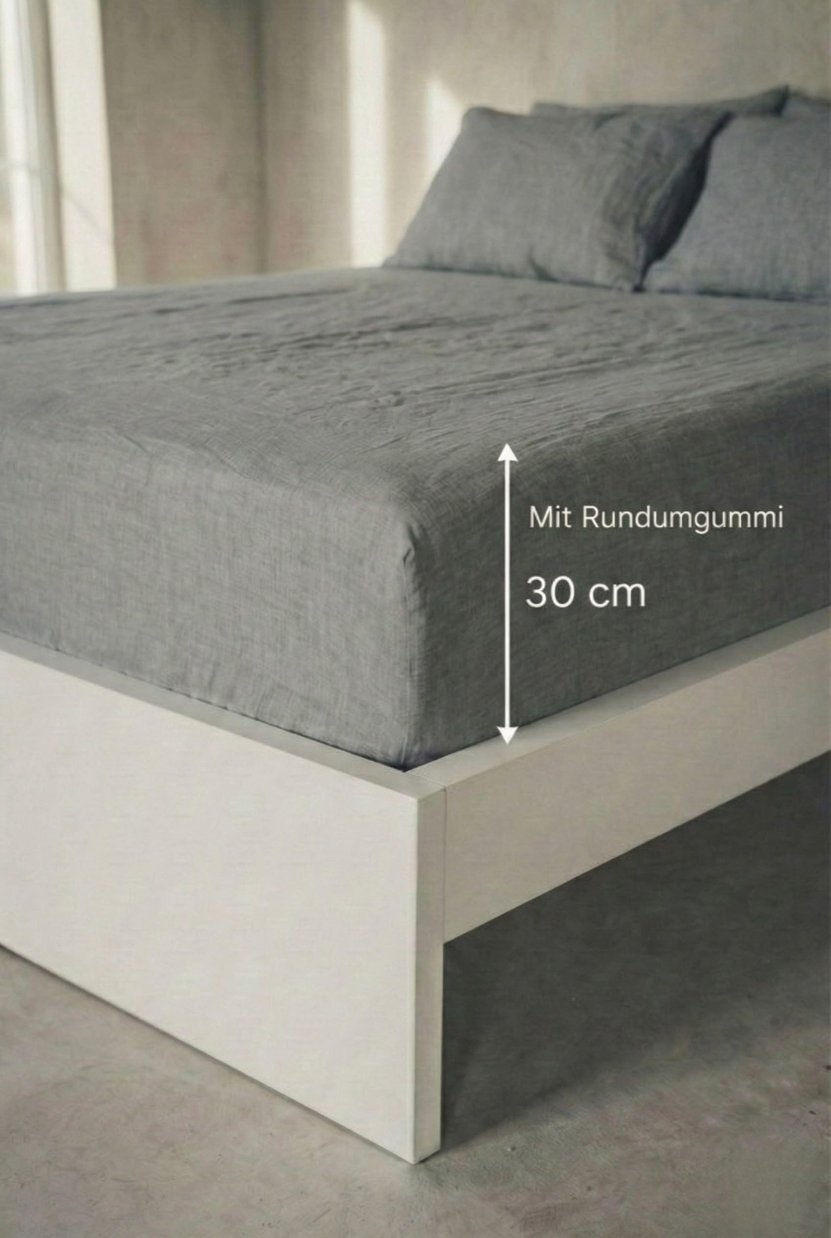 Leinen Spannbettlaken – 100% Stonewashed Leinen – Rundumgummi – Atmungsaktiv, Temperaturregulierend & Hautfreundlich – Ohne Kissenbezüge (Grau, 180 x 200 + 30 cm)