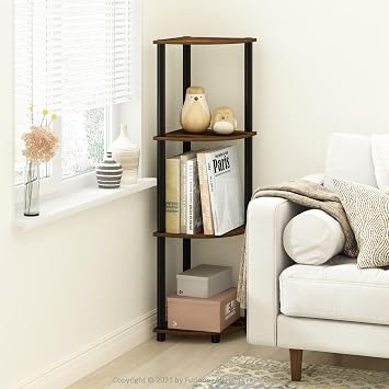 VooBang 4-Tier 43.5" Wooden Round Corner Shelf for Living Room, Office, Amber Pine & Black, Tall Wooden Corner Shelf, Freestanding Bookshelf for Home Office Living Room