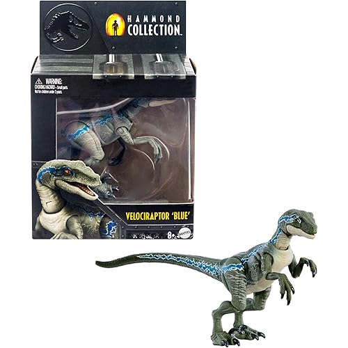 Mattel Jurassic World Hammond Collection Dinosaur Action Figure, Velociraptor 'Blue' Dino Toy with Articulation