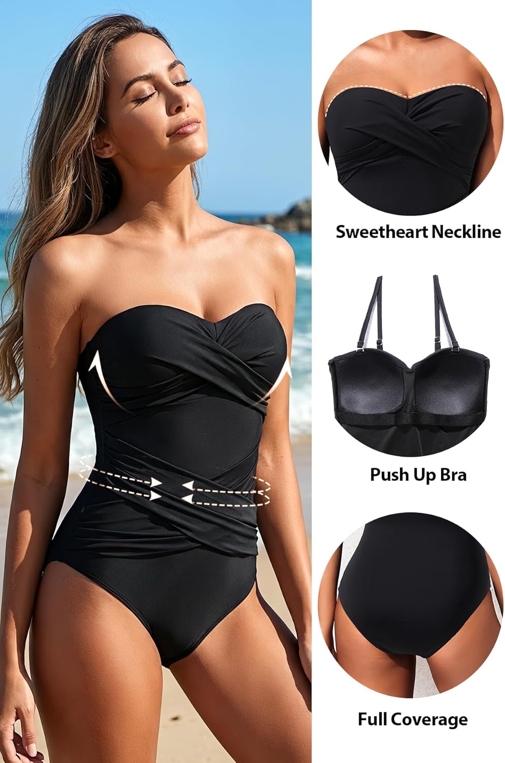 Holipick Women Strapless One Piece Swimsuits Tummy Control Bandeau Bathing Suits Retro Slimming Swimwear - Image 4