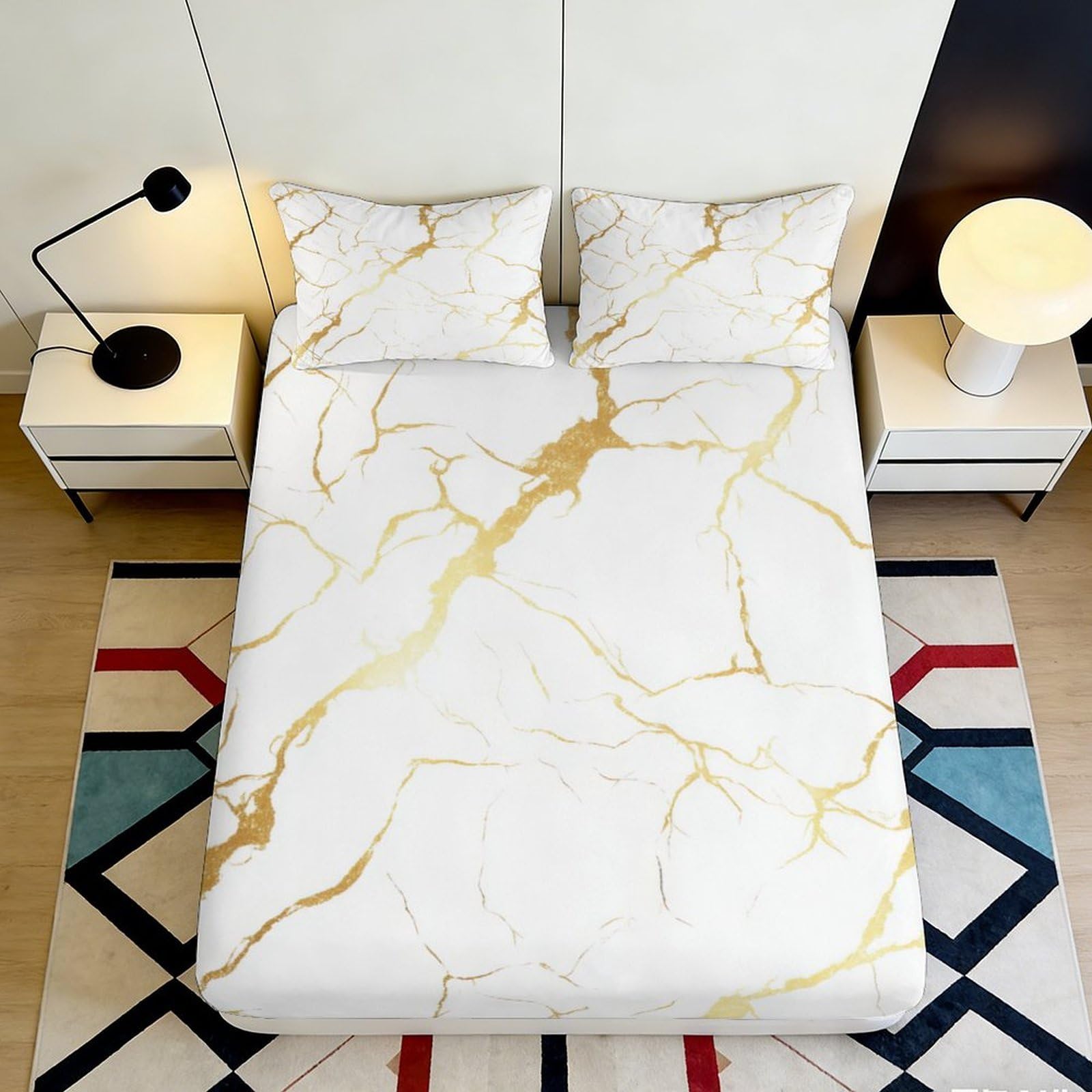 3D Printed Gold Marble Fitted Sheet Microfiber Soft Non-Slip White Vein Mattress Cover for Bedroom Dorm Decorative Protection, Easy Care, 120x200cm 120x200x25cm