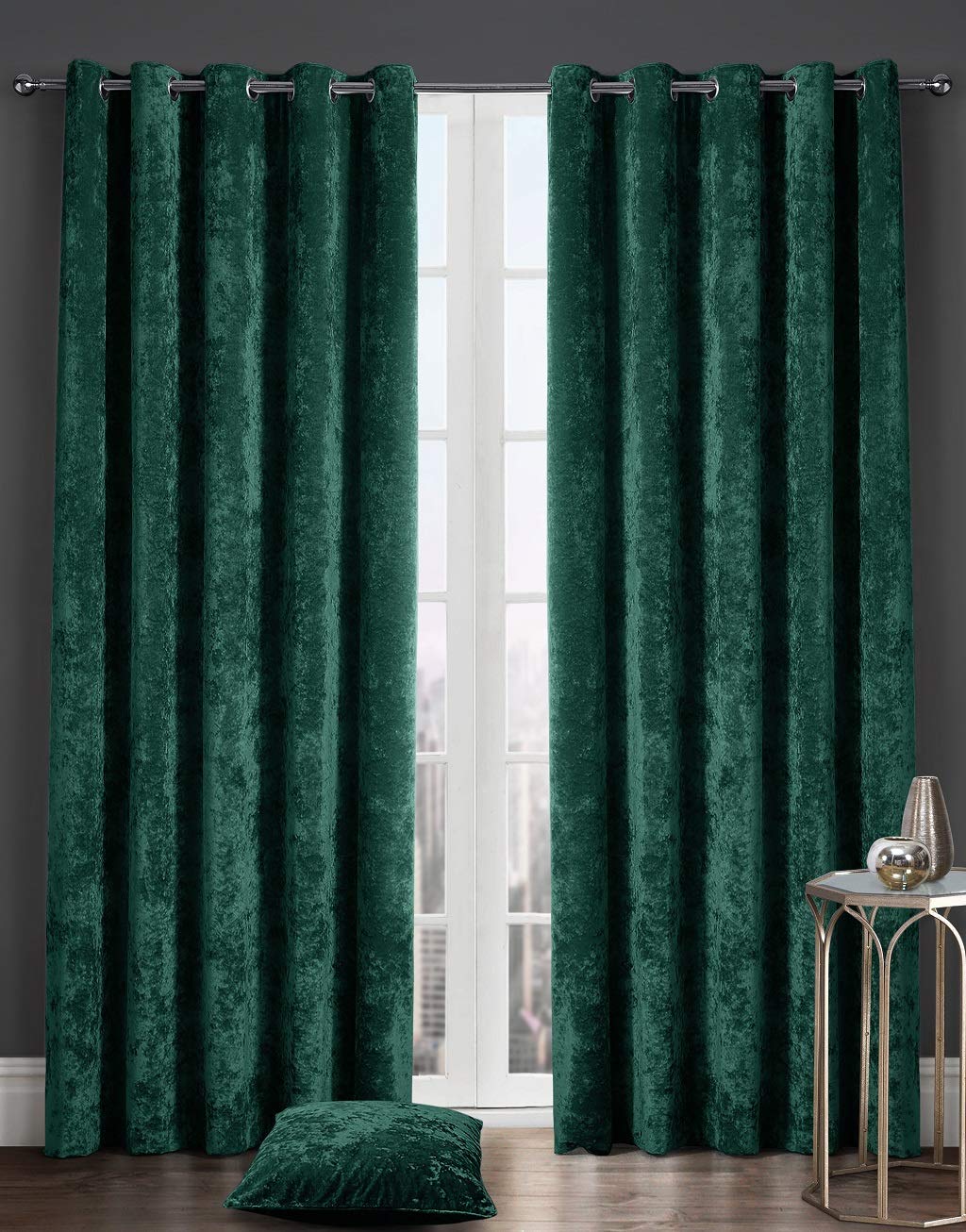 2 Panel Crushed Velvet Curtains Eyelet Ring Top – Luxury Soft Fully Lined Thermal Insulated Curtains Pair for Living Room & Bedroom, Room Darkening Window Treatment (Emerald Green, 46x54 Inch)