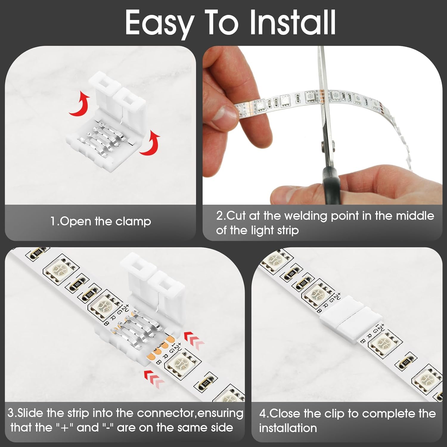 20-Pack PBT Fireproof 4-Pin LED Strip Connectors, Solderless Gapless Adapter for 10mm Wide RGB 5050 Light Strips, Ultra-Stable Extension and Splice Kit for DIY Lighting Projects (10MM-4PIN)