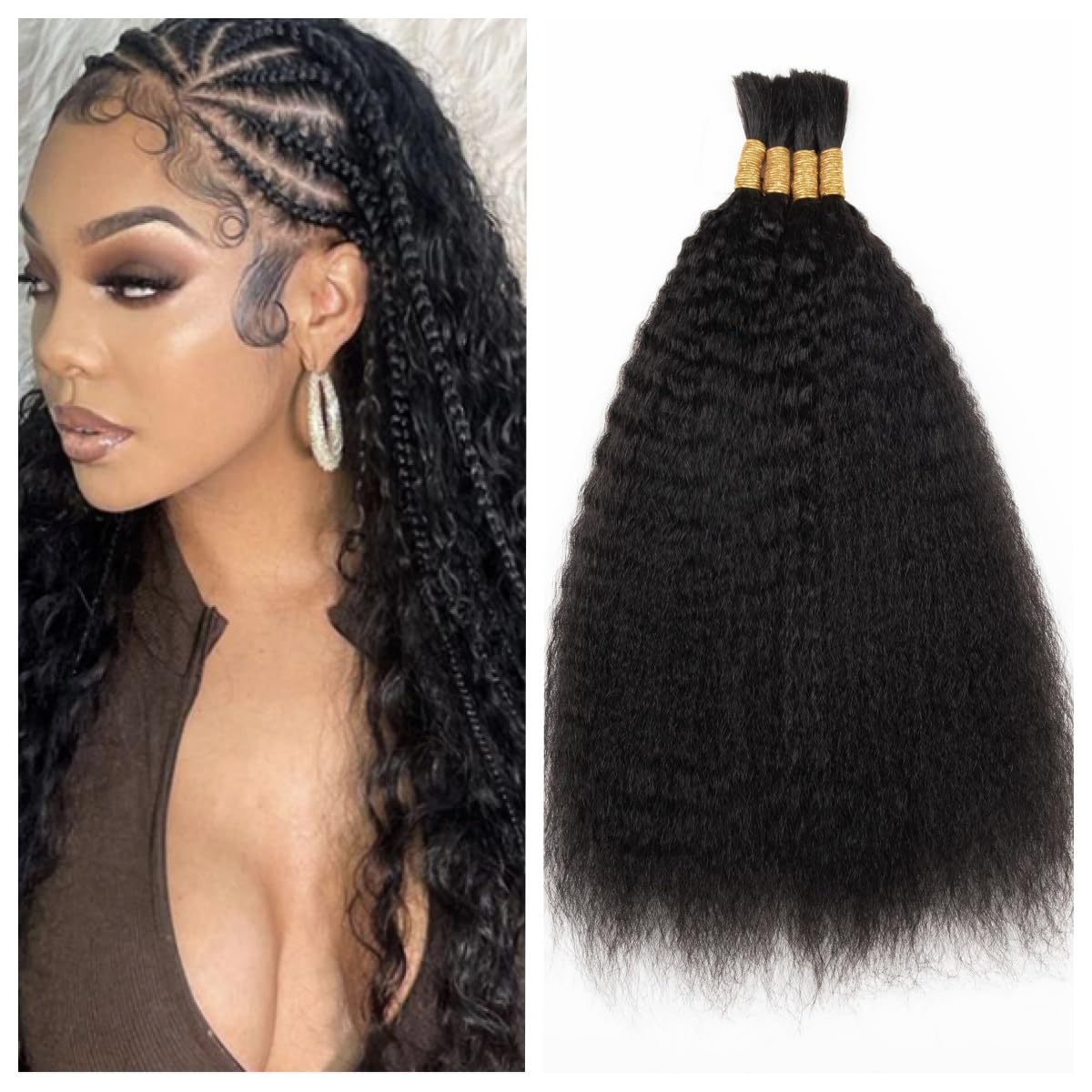 TOPBULK Kinky Straight Human Braiding Hair No Weft 100g (1Pack-4PCS) Wet and Wavy Bulk Human Hair For Boho Braids Yaki Straight For Micro Braiding (