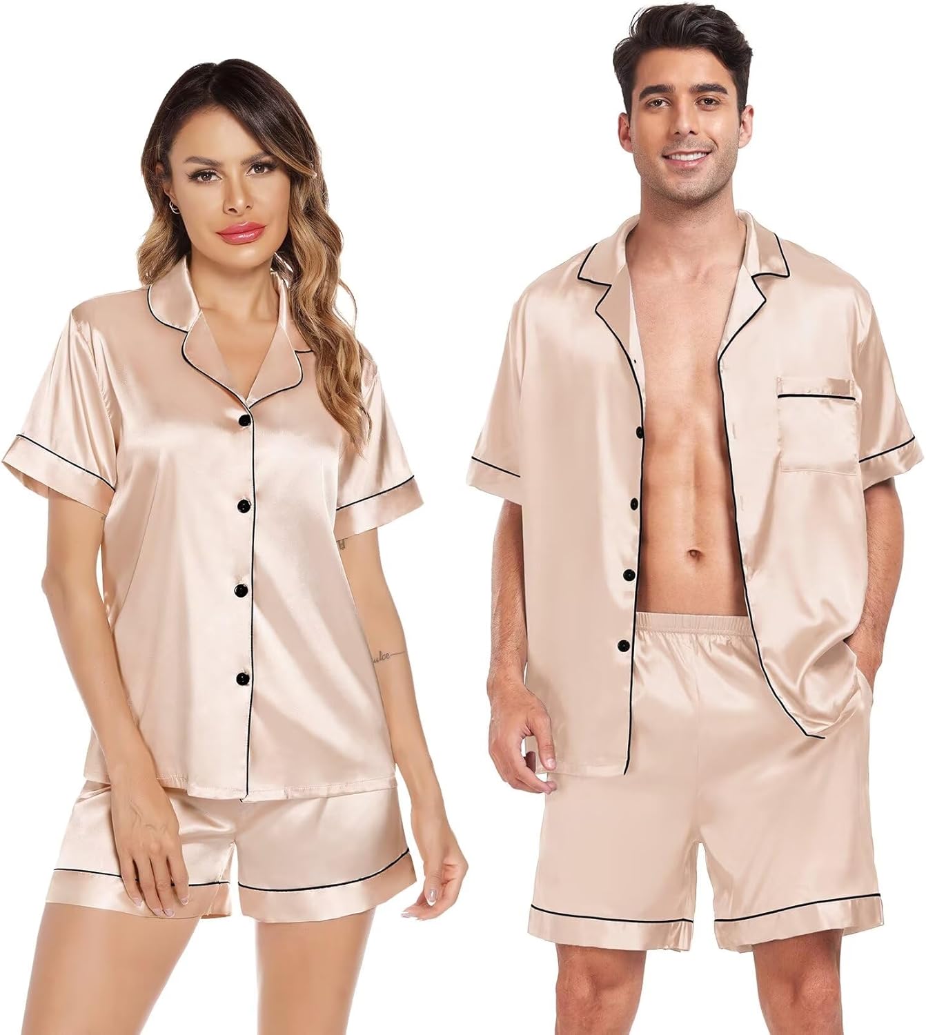 SWOMOG Matching Pajamas Sets for Couples 4 Pcs Silk Satin Pjs Sets Women & Men Button-Down Sleepwear Soft Loungewear - Image 3