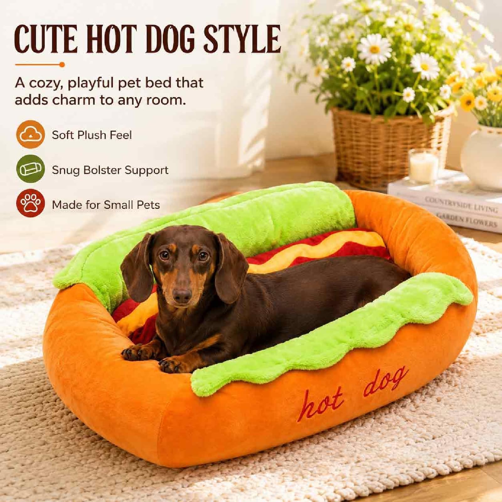 Generisch Łóżko hot dog dla jamnika, śliczny pluszowy hot dog kok z wyjmowaną podkładką do prania, gniazdo na sofę do użytku wewnątrz (łóżko dla hot dog, M)