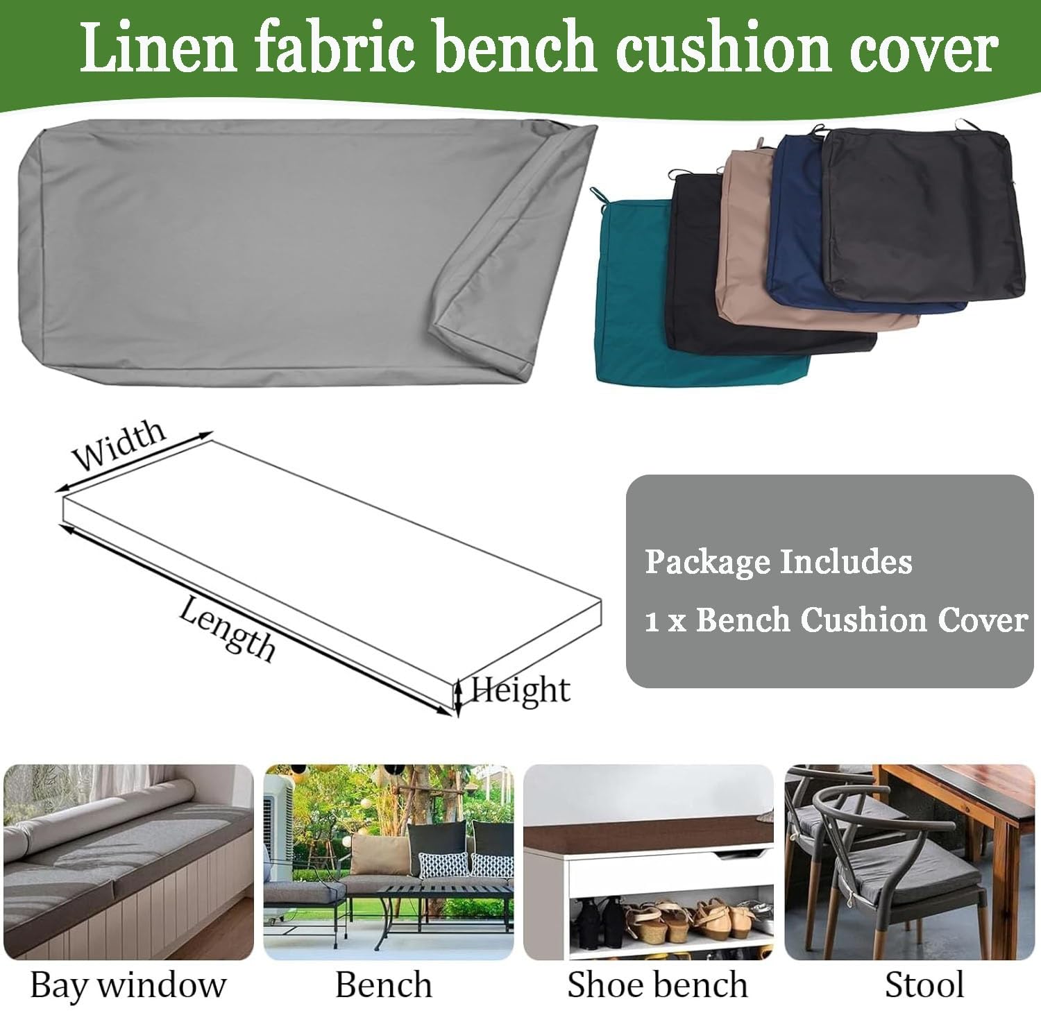 Copertura per panca da interni ed esterni, spessore 8 cm, in tessuto di lino, ricambio per panche da 80/100/140 cm, protezione per cuscino da giardino/cucina/sala da pranzo (H 190 x 50 x 8 cm)