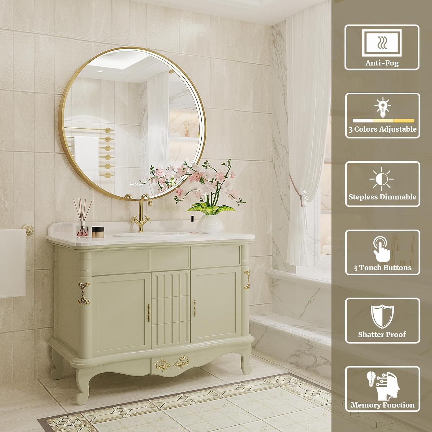 32 Inch Round LED Bathroom Mirror, Gold Metal Framed Lighted Mirror for Bathroom, Wall Mouted LED Vanity Mirror with Lights, 3 Colors and Stepless Dimmable, Anti-Fog, Memory Gold Round 32"L x 32"W