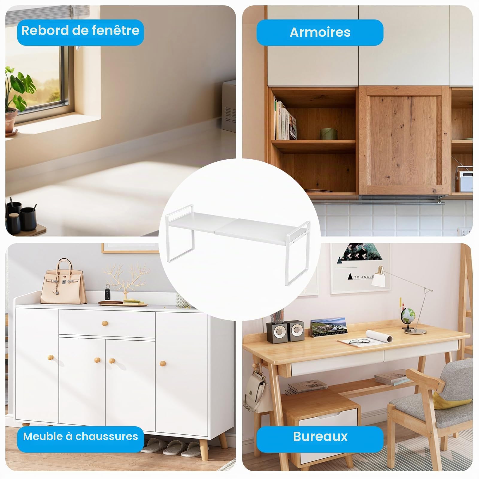 AKOLAFE 2 Pièces Rangement Placard Cuisine Extensible 35-65 Cm, Étagère Rangement Cuisine Métal Blanc 22 x 17 cm, Organisateur Réglable pour Plan de Travail et Bureau