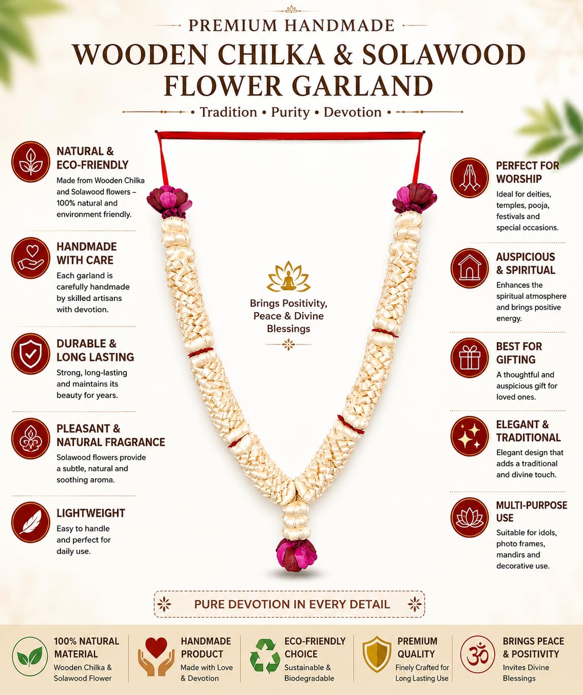 Wooden Chilaka Garland for Photo Frame Decoration | Traditional Wooden Beads Mala for God & Pooja Photo Frames | Handmade Decorative Sandalwood Garland