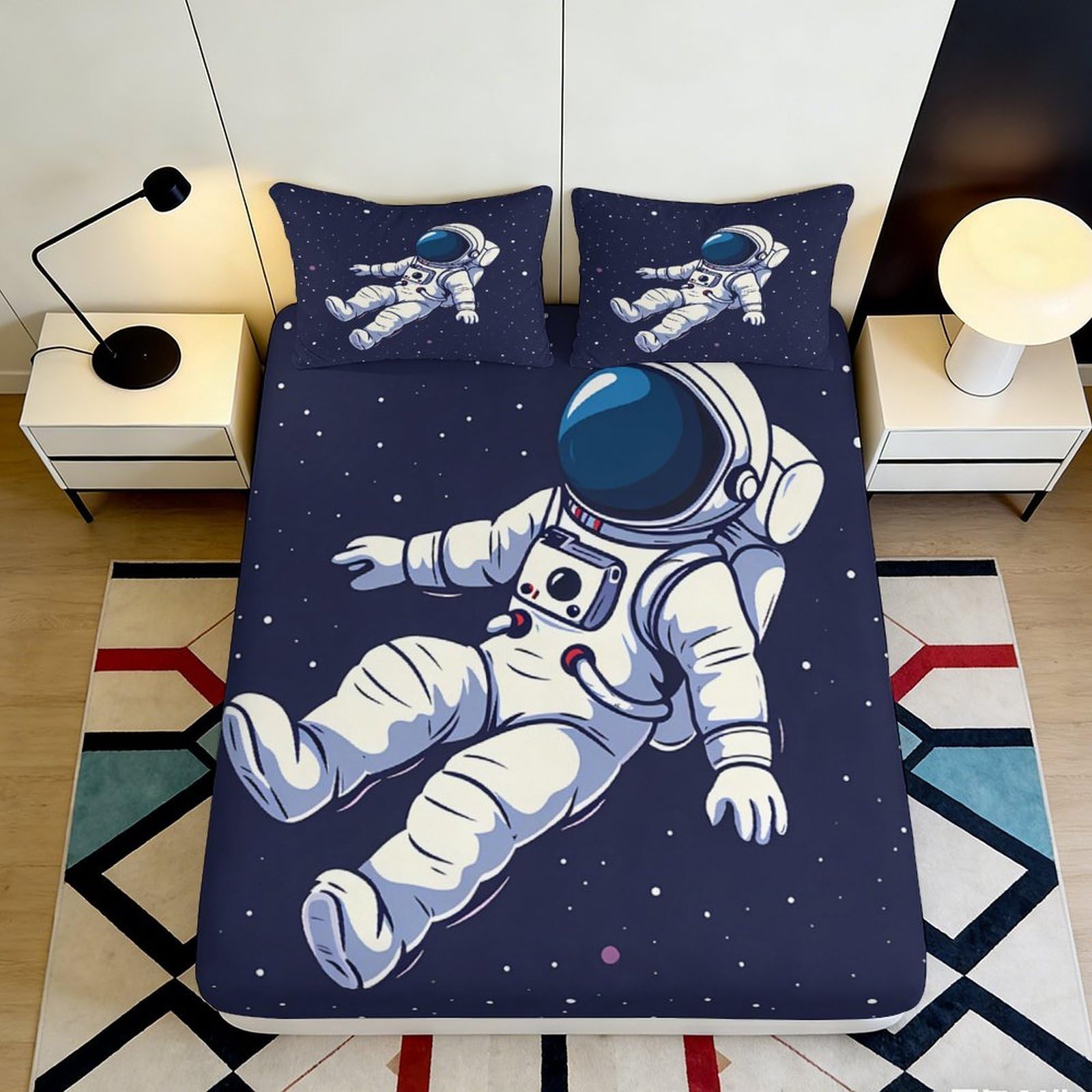 Jxqhbvmg Style-8 3D Printed Astronaut Fitted Sheet Microfiber Deep Pocket Bedroom Bedding Non-Slip Astronaut Mattress Fitted Cover Washable 90X200x25cm