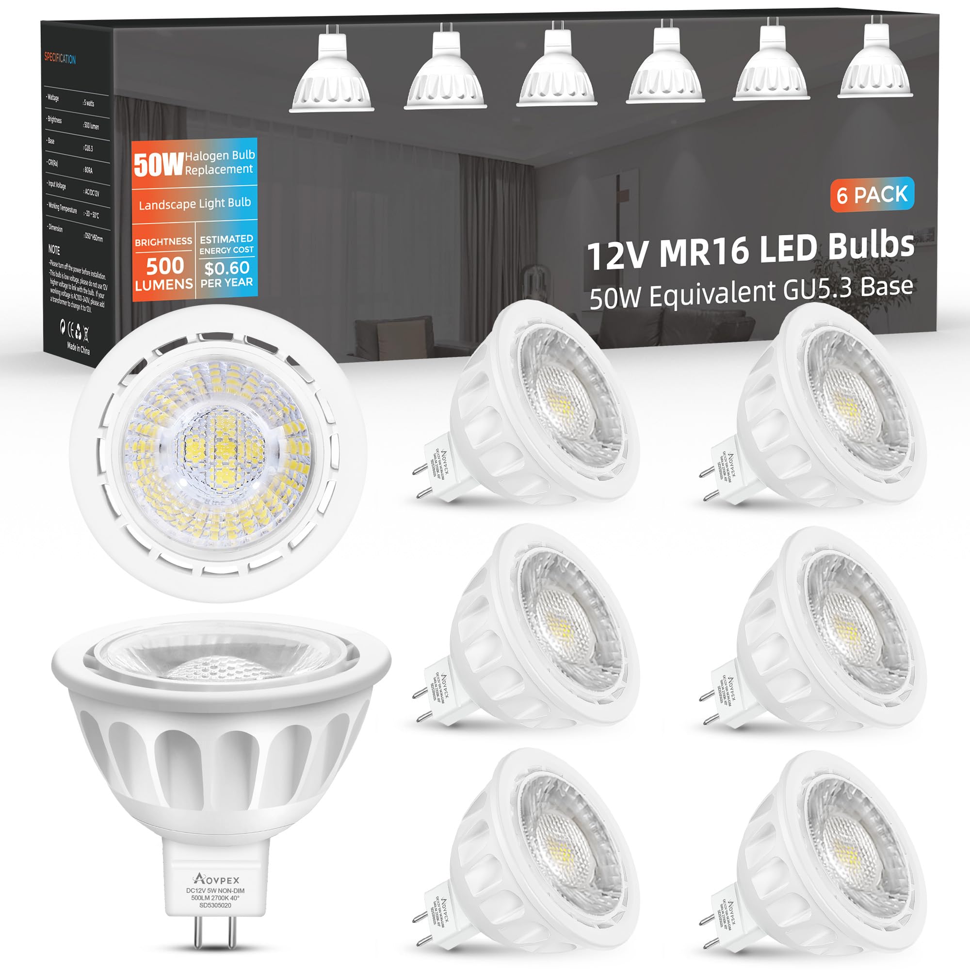 MR16 LED Bulbs, 5W(50W Halogen Equivalent) Landscape Light Bulbs, 2700K Warm White, GU5.3 Bi-Pin Base, 40° MR16 LED 12V Spotlight for Landscape Track Lighting, Non-Dimmable, 6 Pack