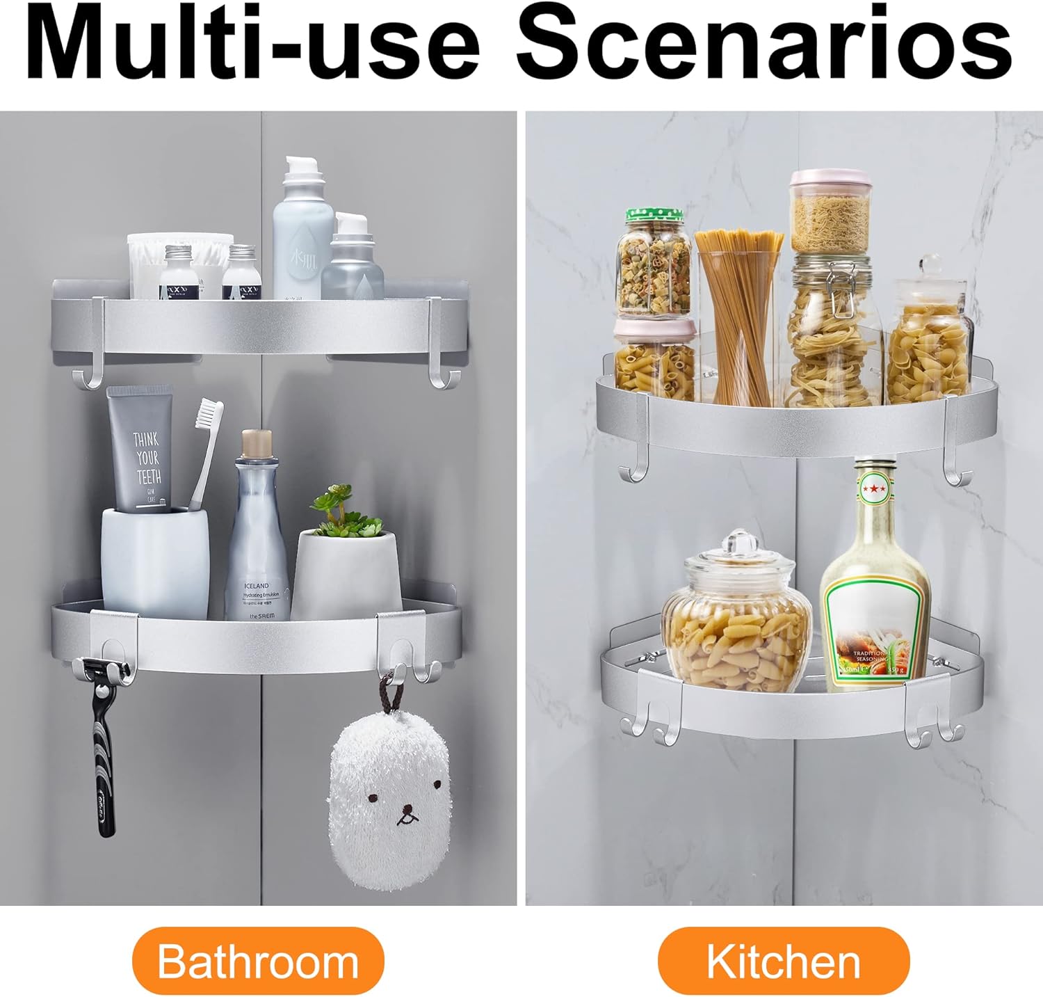 DUFU Adhesive Corner Shower Caddy with Hooks,Bathroom Shower Organizer, No Drilling Rust Proof Aluminum Shower Shelf for Inside Shower 2 Pack (Silver)