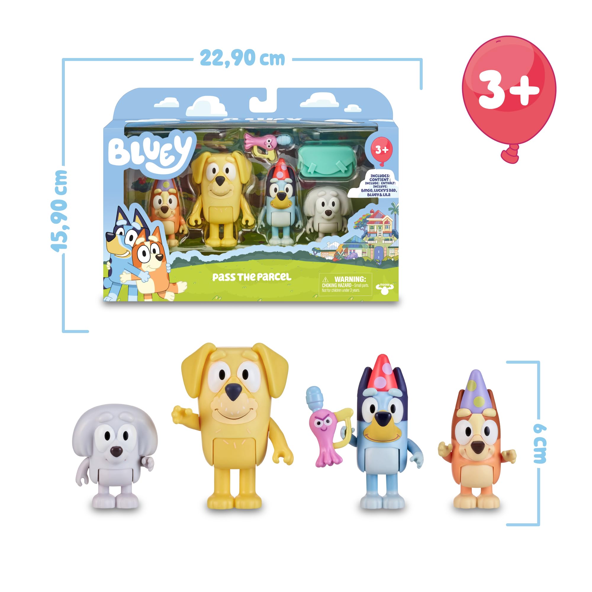 Bluey - Confezione da 4 figure di compleanno, figure articolate nuovi Amici pronti per il compleanno, bambole della serie per bambini, famose (BLY63200)