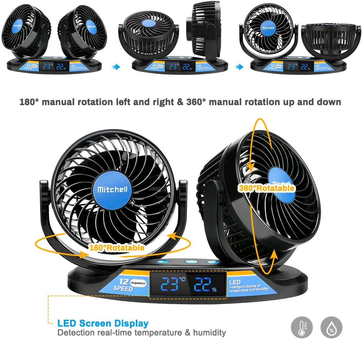 Suреr Dеаl Prоduсt Jhua 5 12V Car Fan Dual Head Vehicle Cooling Fan with Thermometer/Hygrometer Auto Quiet 12 Speeds Ventilation Dashboard Oscillating Car Fans Summer Cooling Air Circulator
