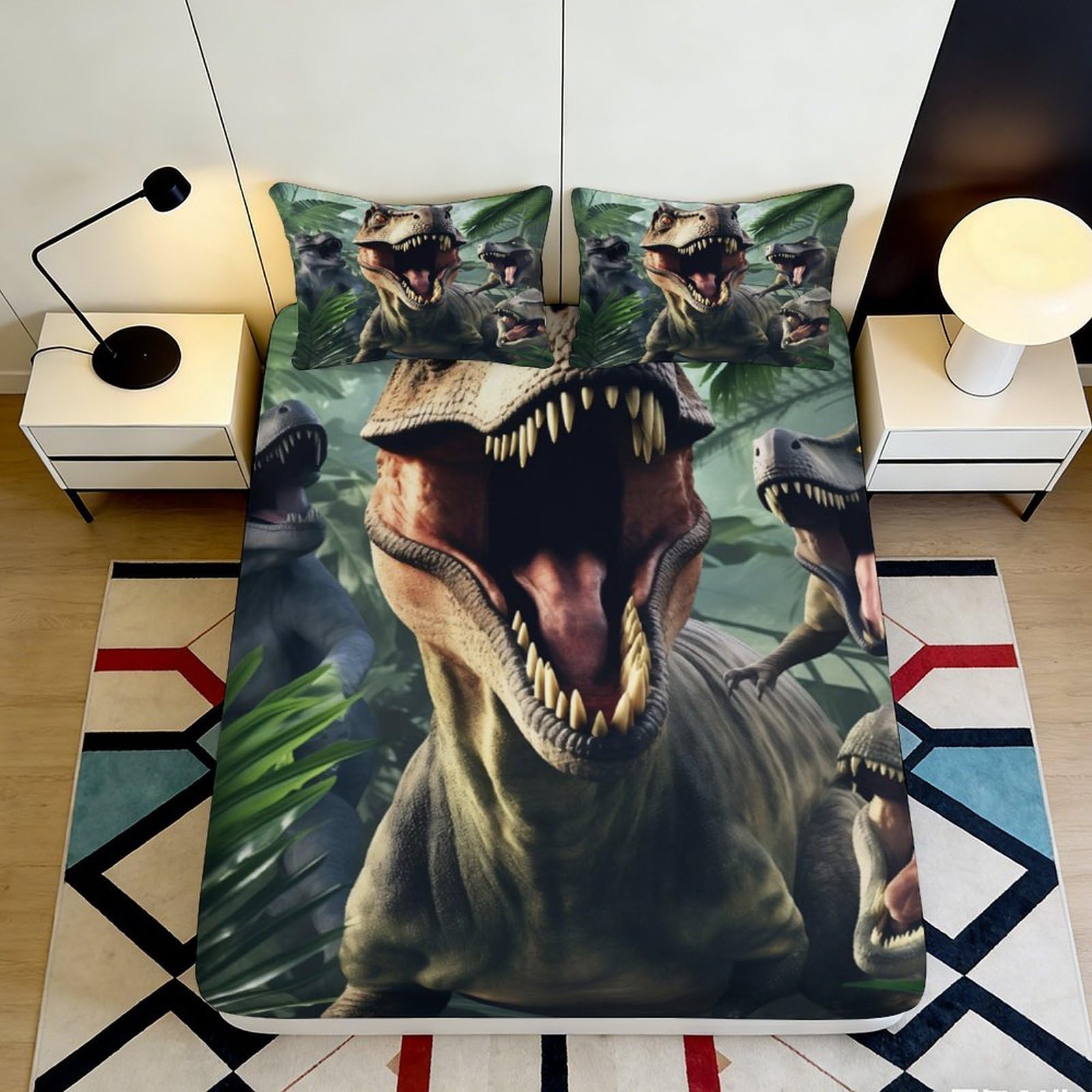 3D Printed Dinosaur Pattern Fitted Sheet Microfiber Soft Durable Jurassic Theme Bed Cover for Bedroom Dormitory Guest Room Mattress Protection 120x200x25cm