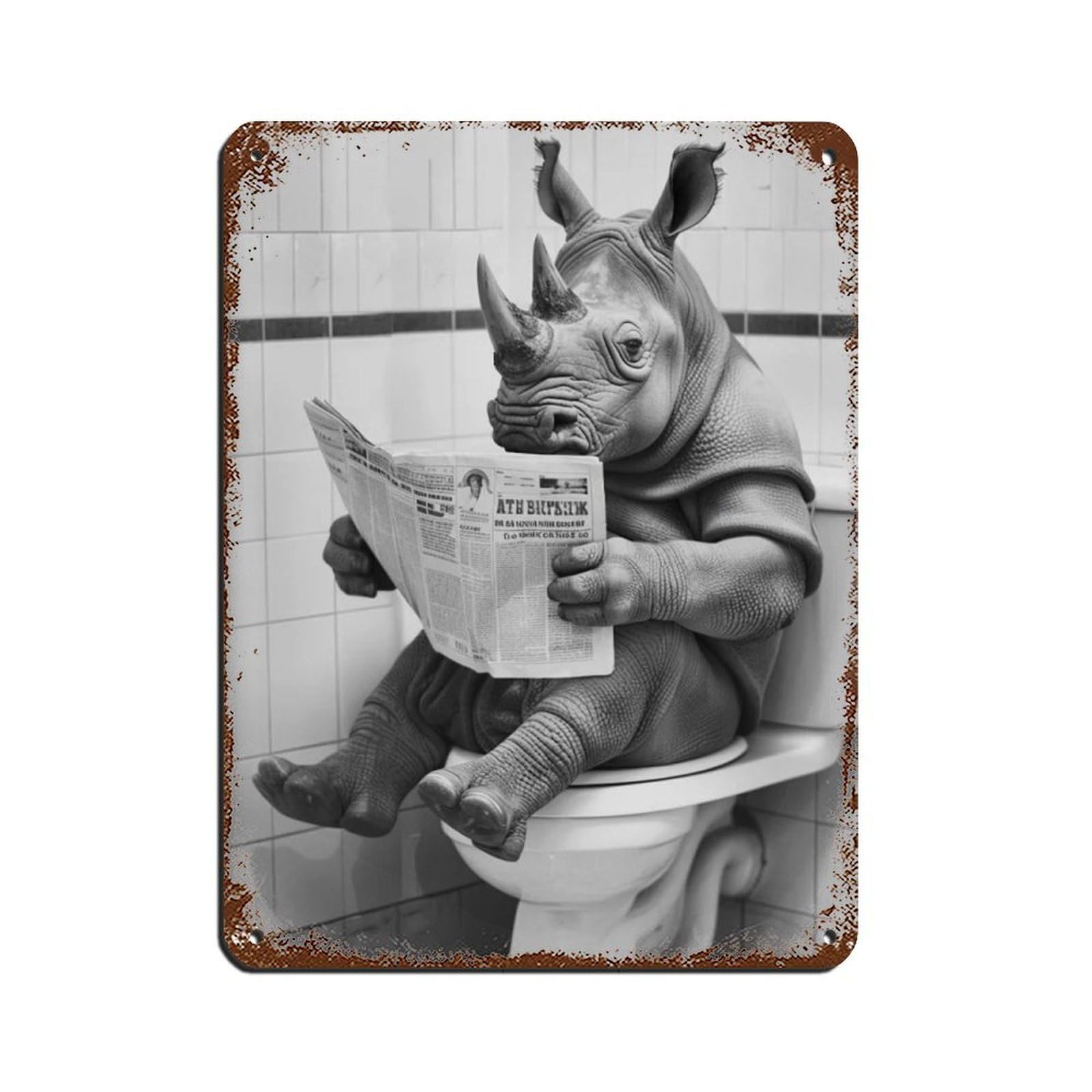 Lxwnze 30L X 40W Cm Rhino Sitting On The Toilet Reading A Newspaper (3) Retro Poster Metal Tin Sign Chic Art Retro Iron Painting Bar People Cave Cafe Family Garage Poster Wall Decoration 12X16inch(30X40cm)