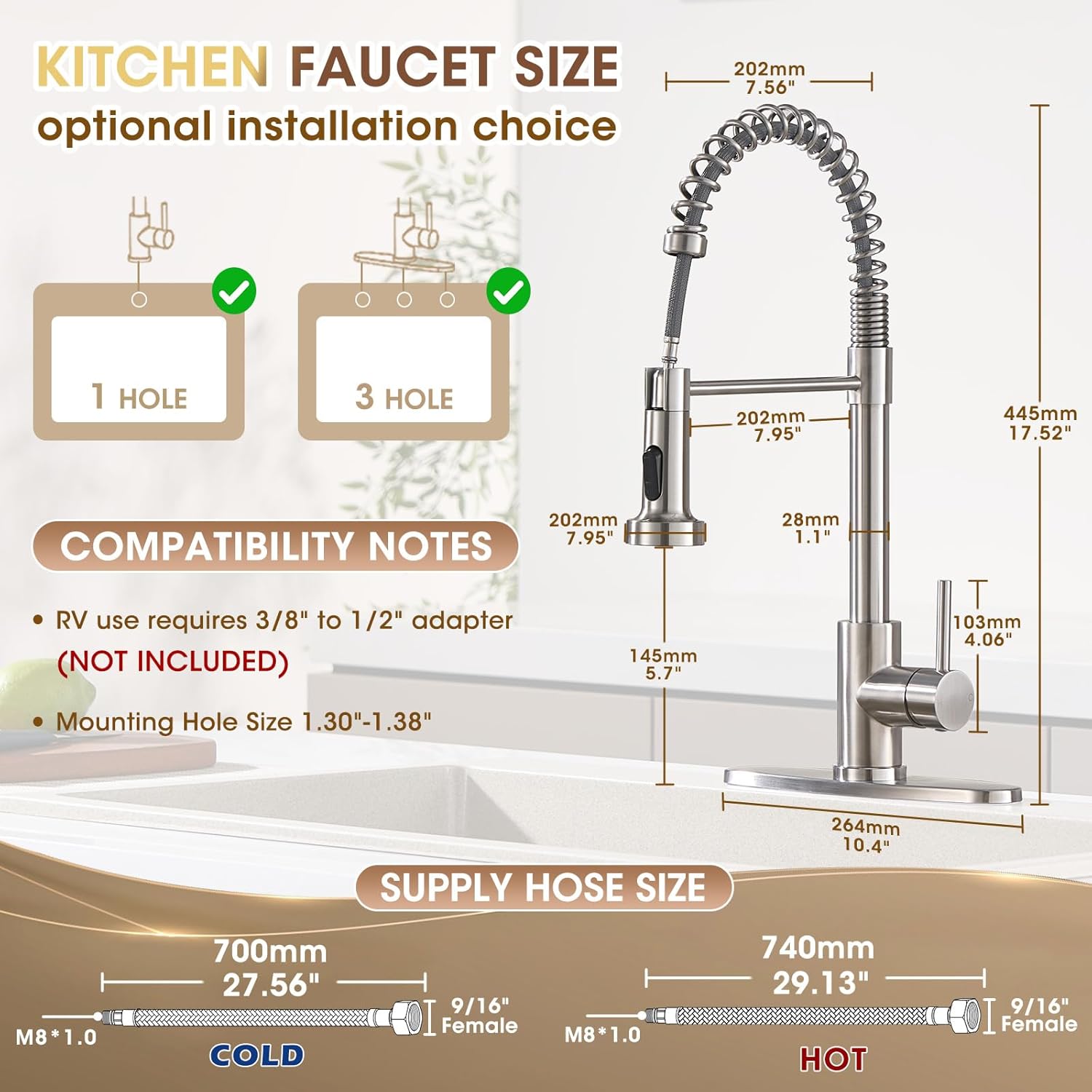 Kitchen Faucet with Pull Down Sprayer, Brushed Nickel High Arc Single Handle Spring Pull Out Stainless Steel Faucet for Kitchen Sink, 2 Mode Utility Ideal for Laundry Camper Bar RV Room