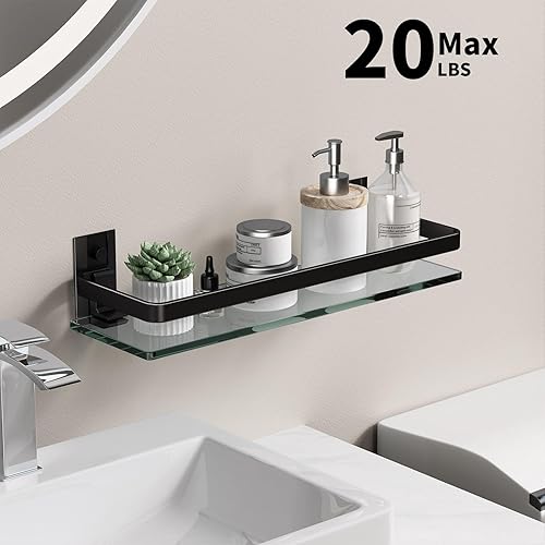 Miniatura 26 de Danpoo Estantes de baño montados en la pared, estante de vidrio templado transparente con toallero, soporte para toallas de mano (plata mate)