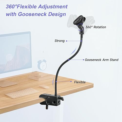 Miniatura 4 de Soporte de suelo para micrófono, soporte de micrófono con soporte para teléfono ajustable en altura, trípode resistente estable con brazo de pluma