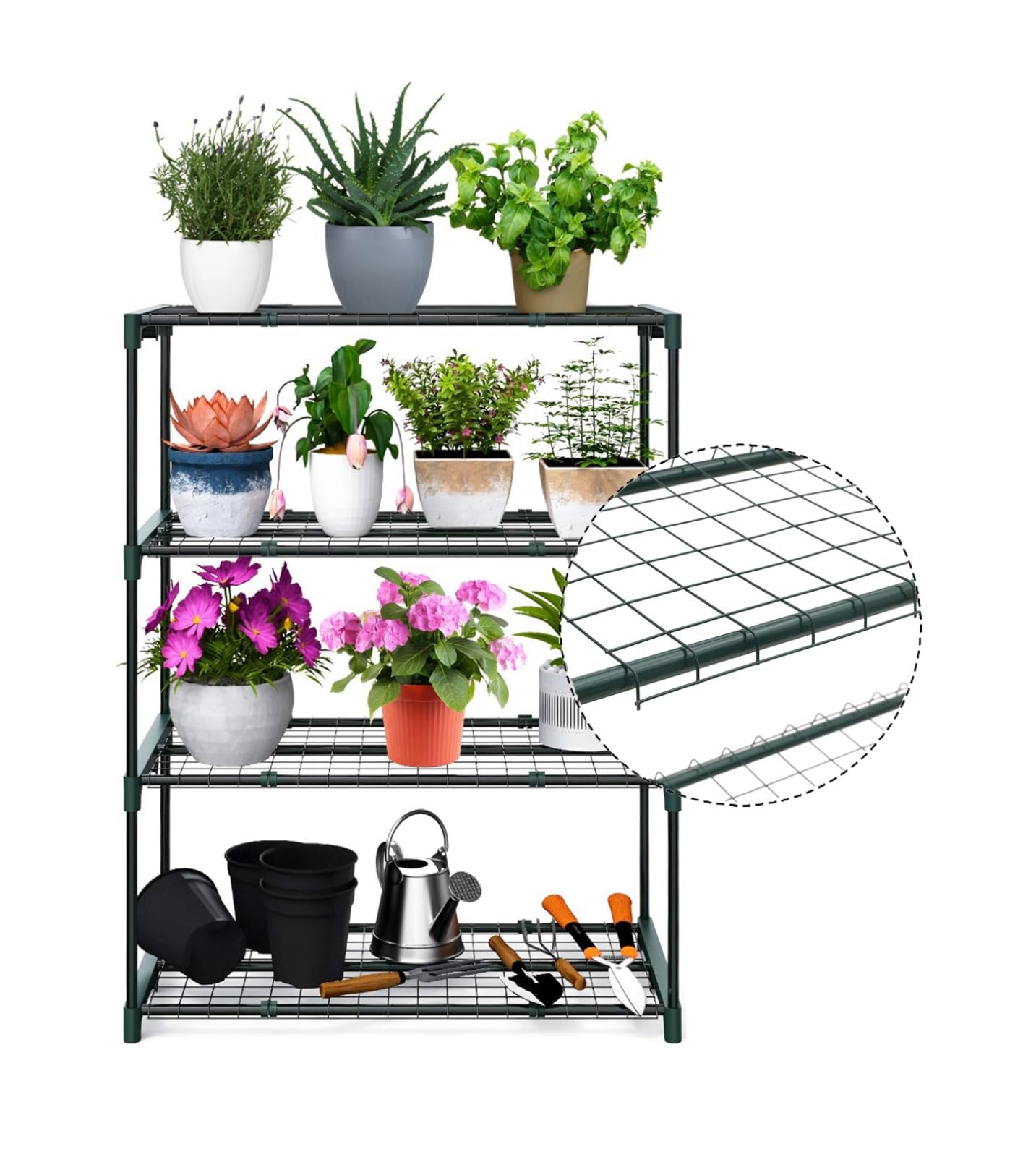 Greenhouse Shelf Iron Steel 4 Tier Shelving Plant Display Shelf Garden Racks for Flower Pots Trays Ultimate Shelving Unit Indoor Outdoor Staging Shelving Rack for Potted Plants Herbs Gardening Tools