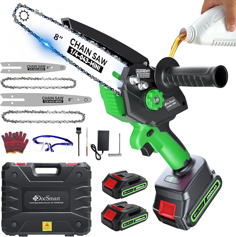 Mini motosierra con motor sin escobillas de 1000 W, 2 baterías de 8 y 6 pulgadas | Pequeña motosierra de mano para cortar madera, regalos de jardinería para padres y hombres