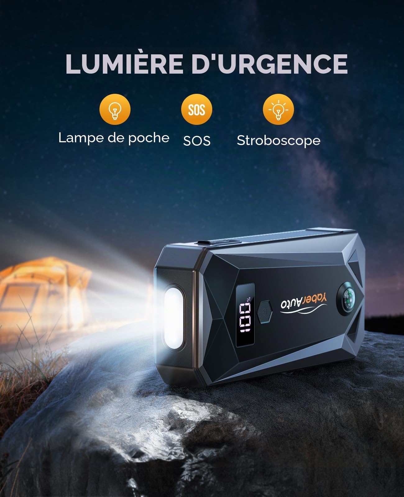 YaberAuto Démarreur de batterie portable 5000 A 21800 mAh (gaz 9,0 L, moteur diesel 8,0 L), batterie de voiture, charge rapide, câbles de démarrage, boîte de démarrage avec 3 modes