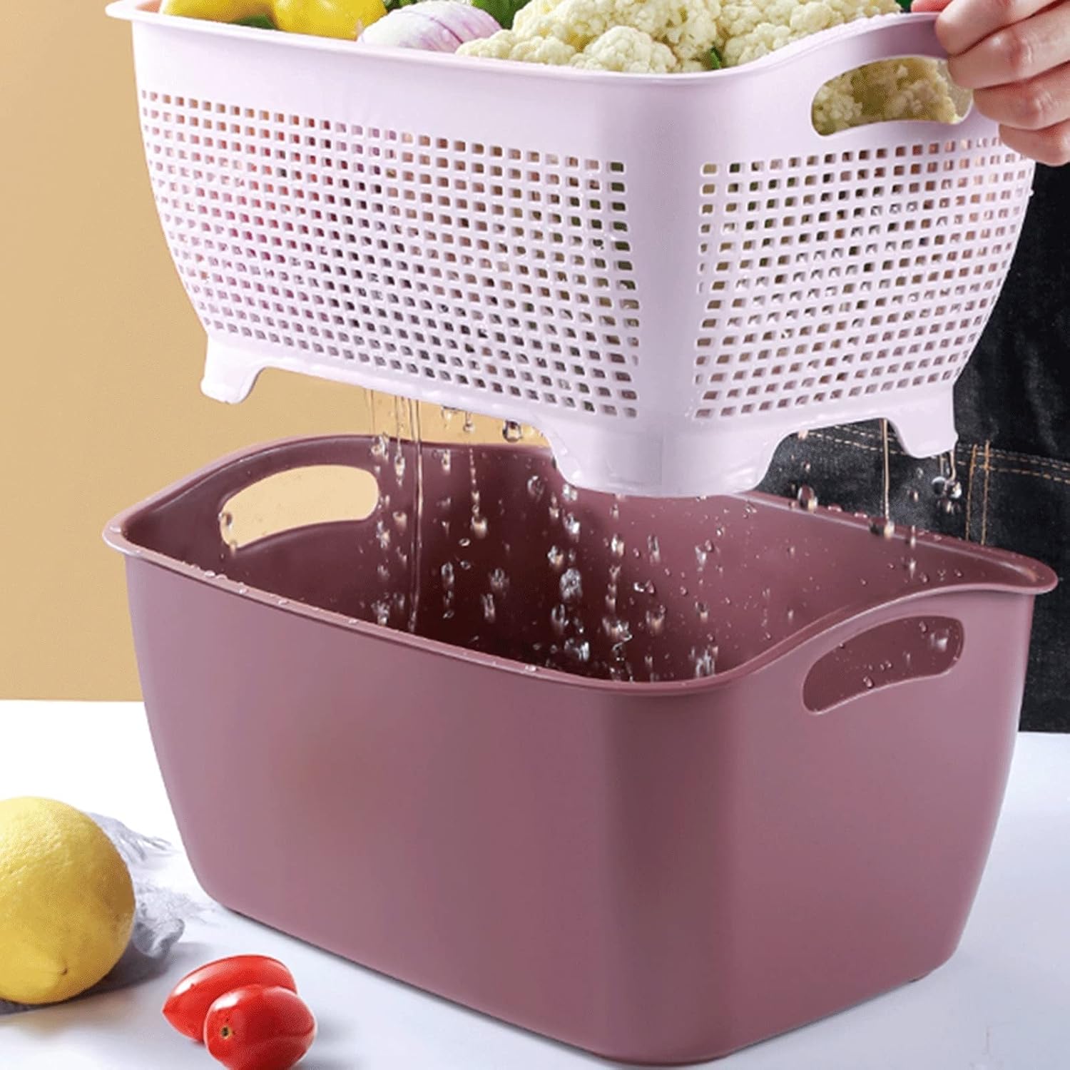 Draining Rack Plastic Colander/Filter Bowl Stackable Large Fruit and Vegetable Draining Basket Basin with Handle to Wash Broccoli Potato Grape Storage Basket Drainage Rack(B,Large)