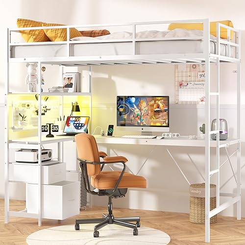 Yoobure Loft Bed Twin Size with L-Shaped Desk, LED Lights Charging Station LED Metal Twin Loft Bed Frame with 2 Storage Drawers, Safety Guard & Ladder for Kid Junior Adult, Heavy Duty, Space-Saving