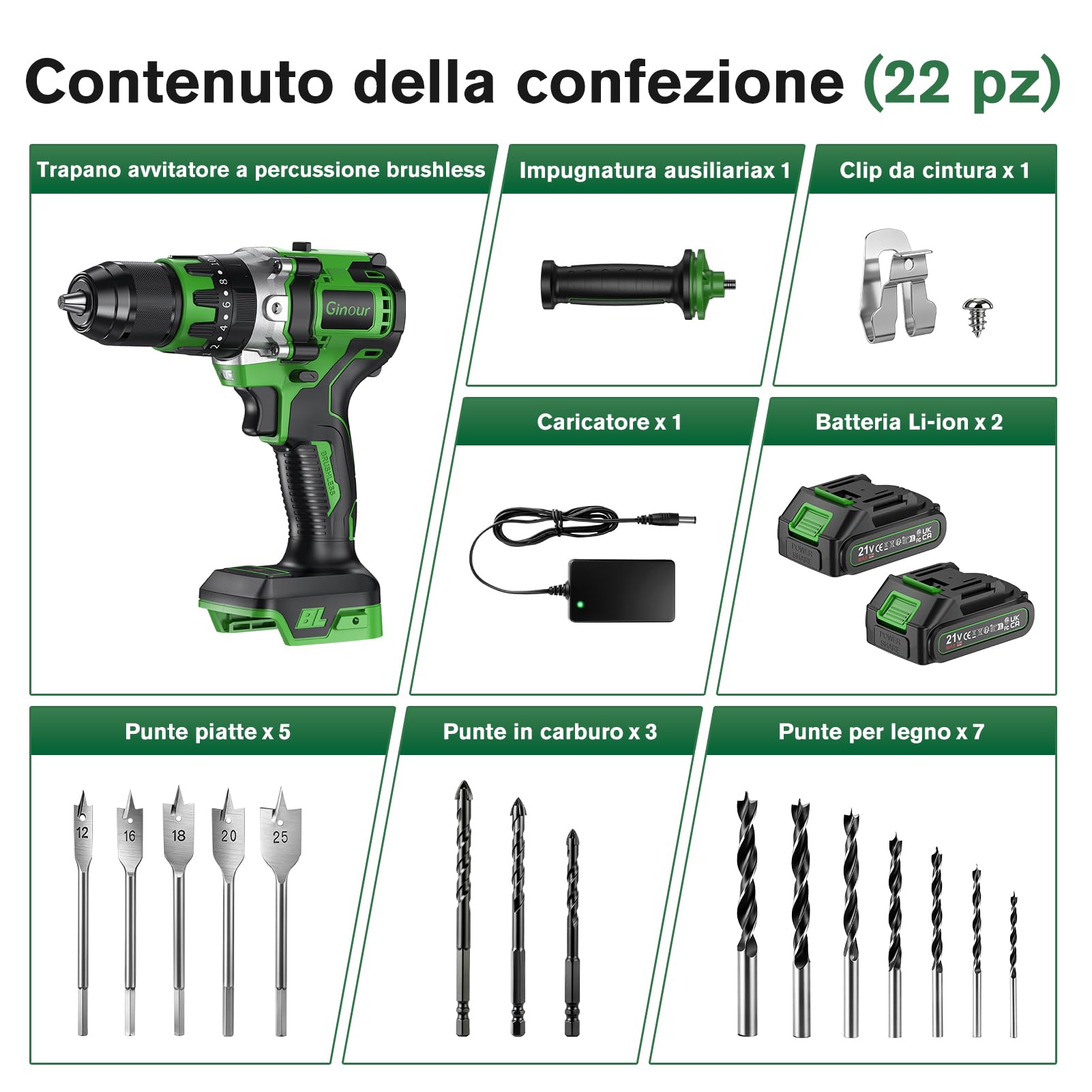 Ginour Avvitatore a Batteria 21V, 90Nm Brushless Trapano a Percussione | 2x2.0Ah 10C Li compatibile con Makita 18V, 22 Accessori, 20+3 Coppie, 2 Velocità, Trapani Avvitatori 13mm metallo Mandrino