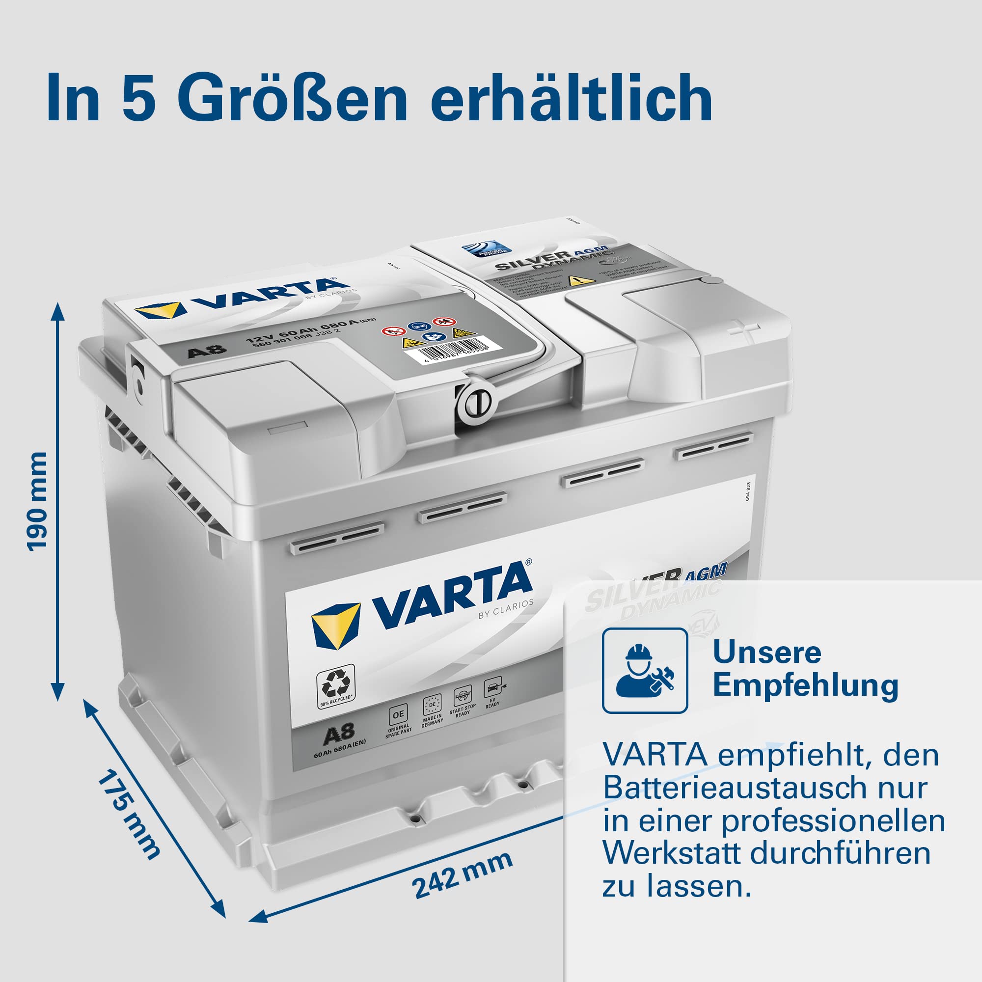 VARTA Silver Dynamic AGM Batterie A8 – Start-Stop und xEV Autobatterie 12V 60Ah 680A – Starterbatterie für Autos mit hohem Energiebedarf