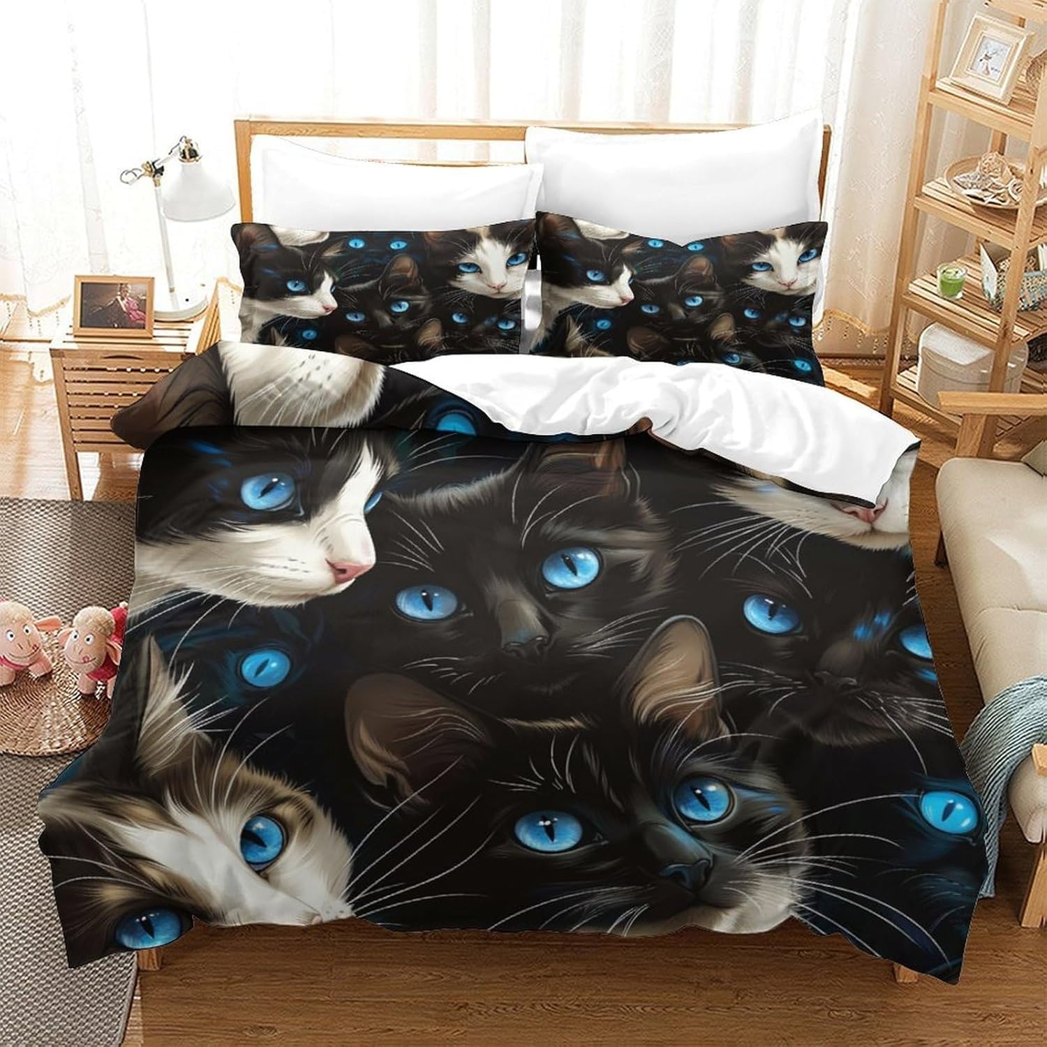 Housse de couette chat noir 200x200 cm avec 2 taies d'oreiller en microfibres