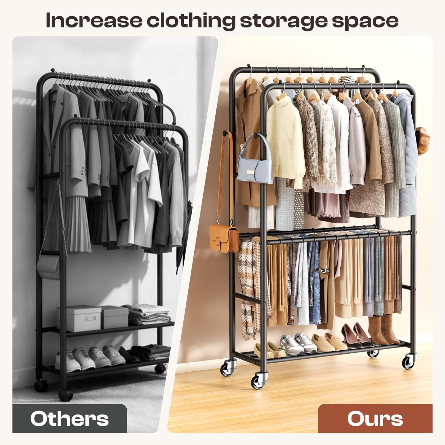 Clothes Racks for Hanging Clothes, Rolling Clothing Rack with Pants Rack, Side Hooks & Shoe Shelf, Portable Garment Rack for Bedroom, Laundry Room, Clothing Store, Closet, Black