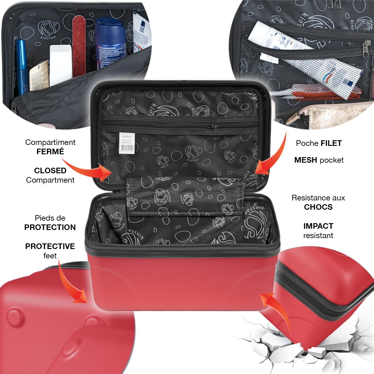 Kinston Set aus 2 großen Kosmetiktaschen – Hartschalen-Vanity Case – Kosmetiktasche, Hartschale mit Griff, Reise-Organizer – Große Kapazität (Rot)