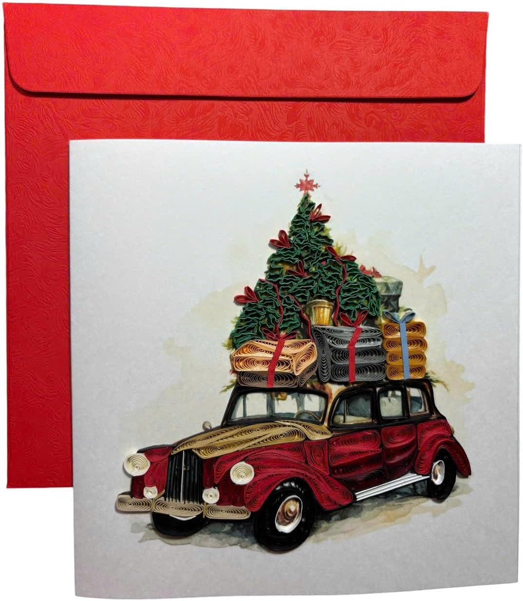 Handcraft 3D Quilling Christmas Card, Envelope Included, Blank Inside, Xmas Card, Merry Christmas, Retro Car Carrying Gift