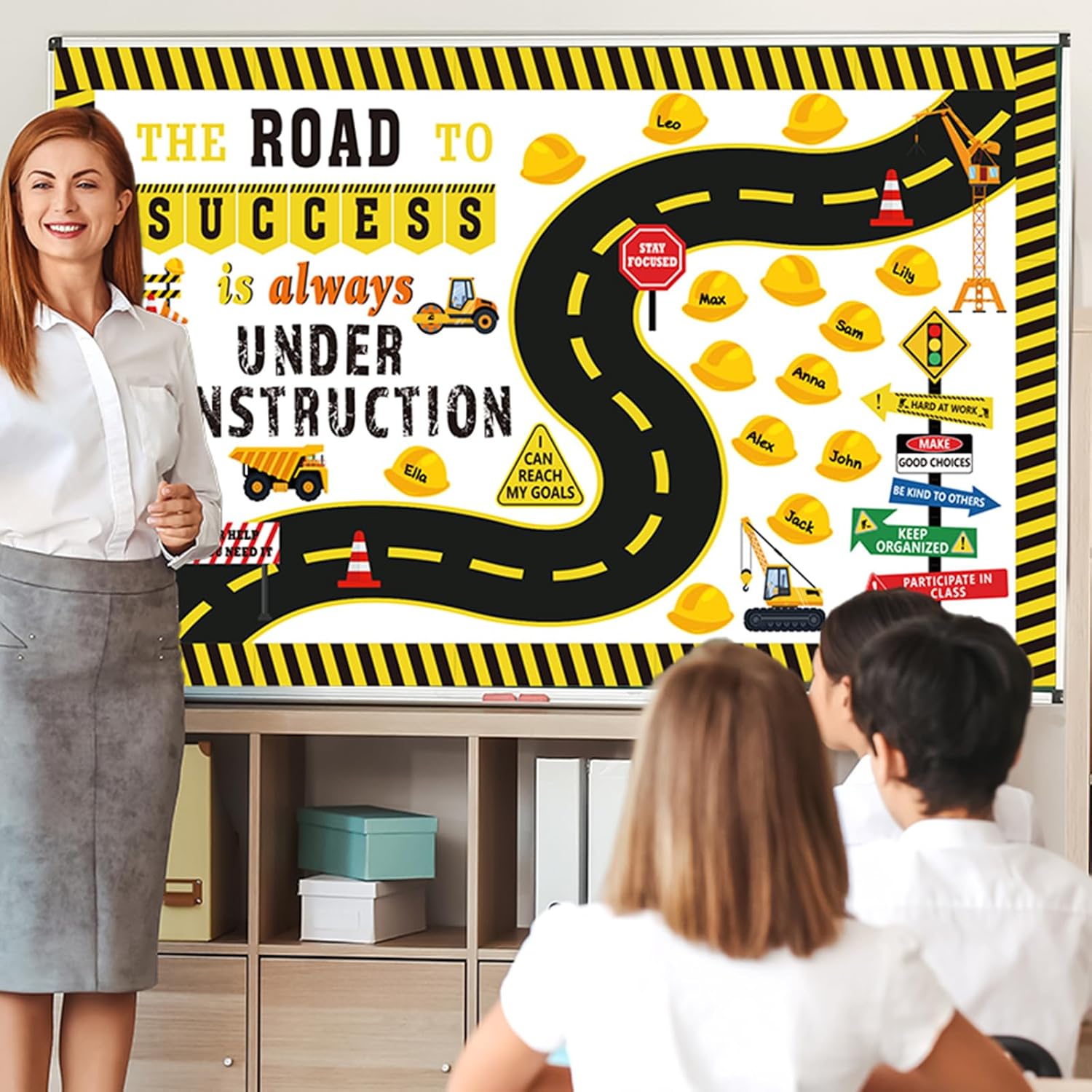 91 Pcs Construction Bulletin Board Decorations Road Cutouts Road to Success Bulletin Board Under Construction Inspirational Classroom Decors Name Tags for Library School Positive Chalkboard Wall Decor