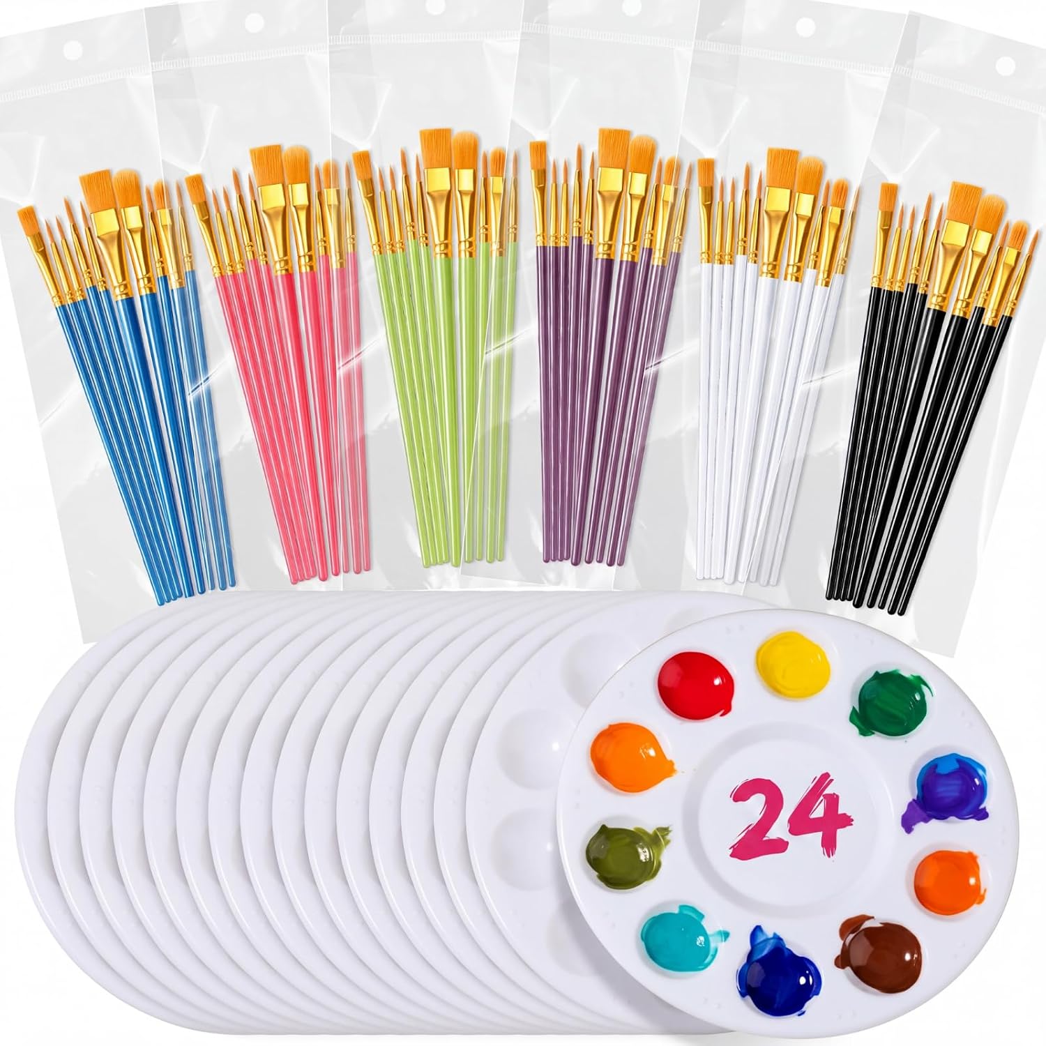 24 Sets Painting Brush Palette Set, 240 Acrylic Paint Brush and 24 Paint Palette Tray, Nylon Head for Oil, Watercolor, Acrylic Painting, Rock Body Face Art, Party, Adult, Students (Colorful)