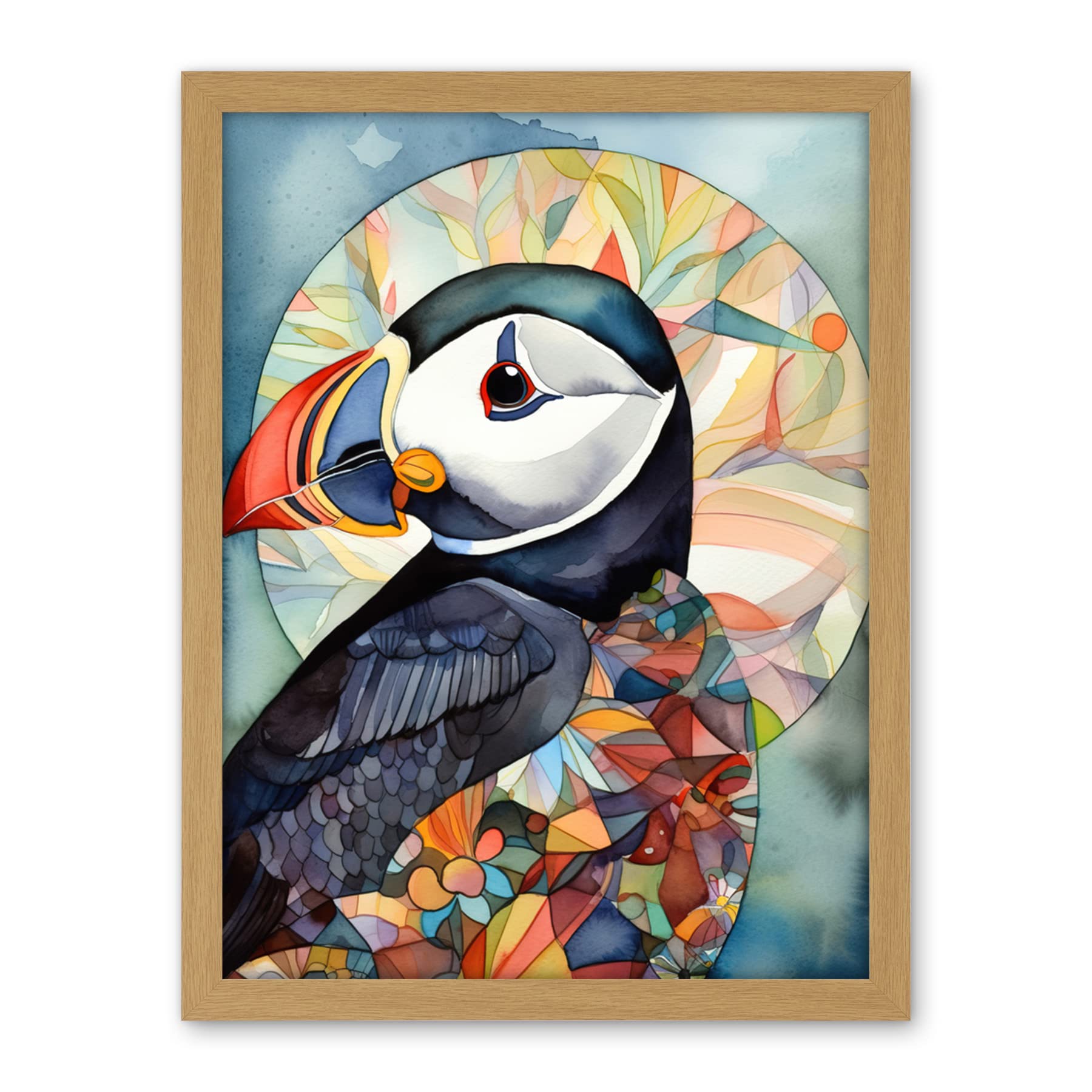 Artery8 Puffin Bird Portrait Folk Art Artwork Framed Wall Art Print 18X24 Inch