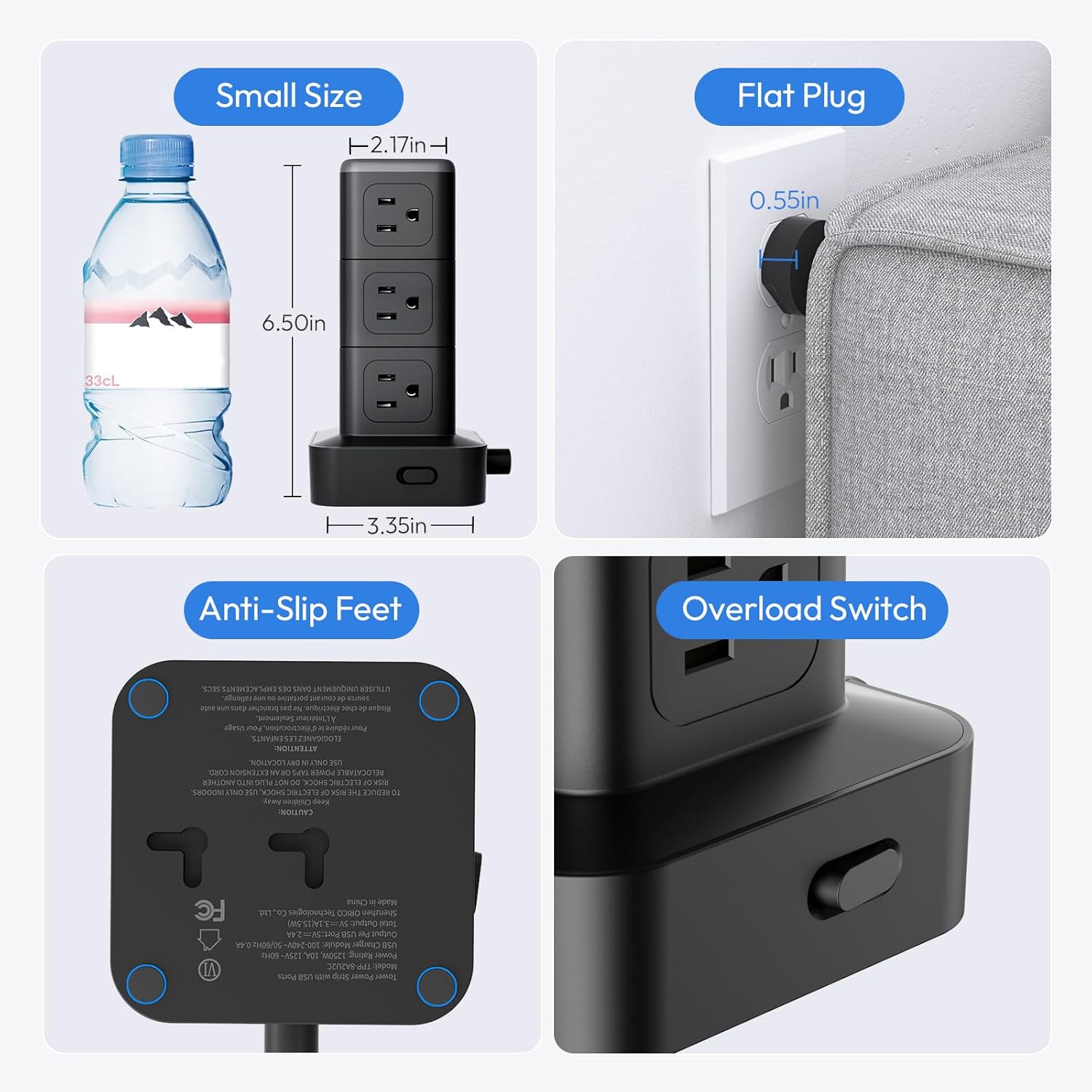 NTONPOWER 15 FT Power Strip Surge Protector Tower, Mini Flat Plug Power Strip Tower, 12 AC & 4 USB (2 USB C), 1625W / 13A Overload Protection, 1080J Surge Protector Tower for Home Office Dorm Room