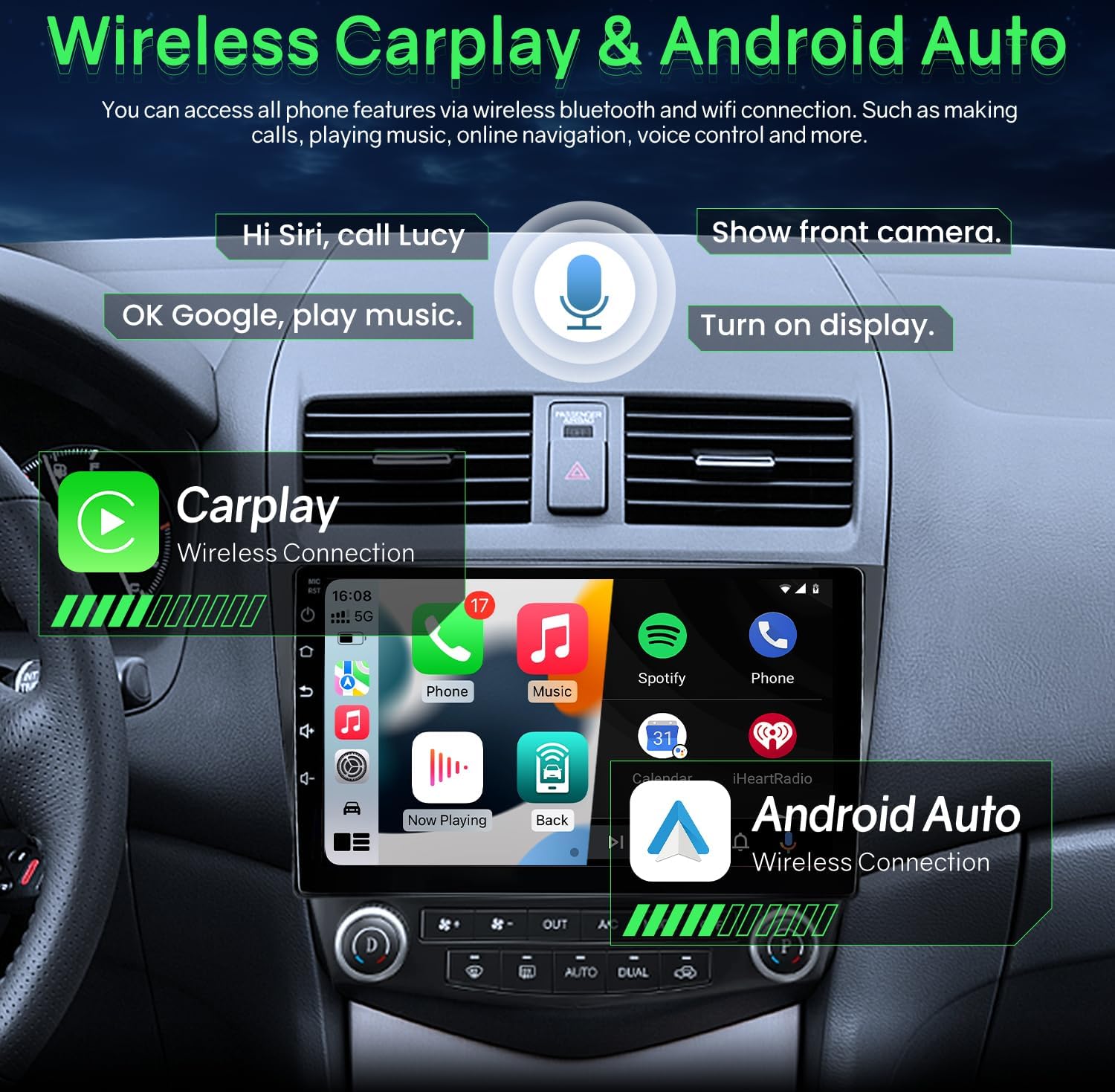 Car stereo display showing Wireless CarPlay and Android Auto interfaces with phone functions.