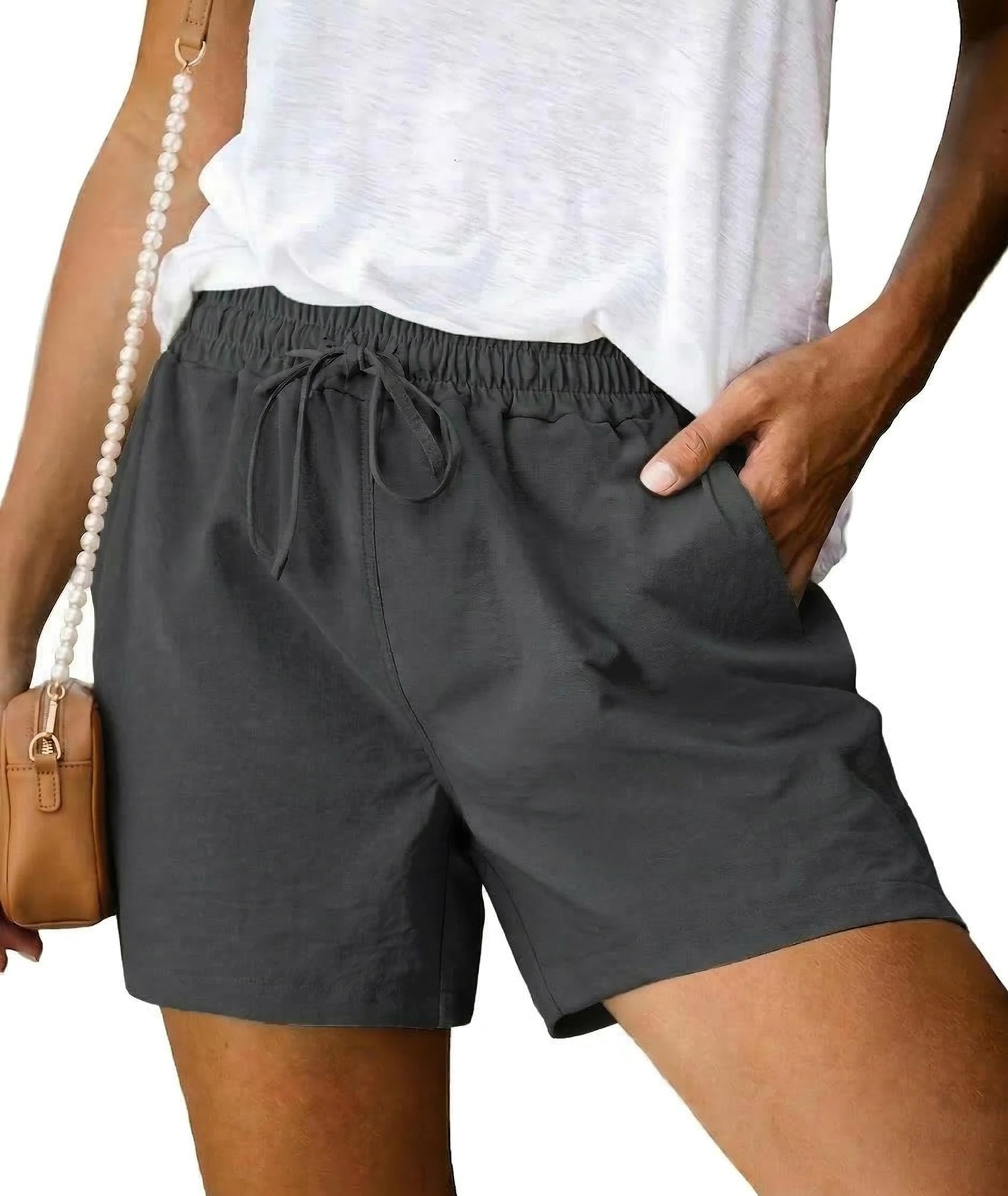 Terecey Kurze Hose Damen Sommer Leinen Freizeithose Beach Bermuda Shorts | Locker mit Elastikbund, Kordelzug Und Seitentaschen, 49 % Rayon/17 % Nylon/34 % Polyester, für Alltag Urlaub Freizeit Sport