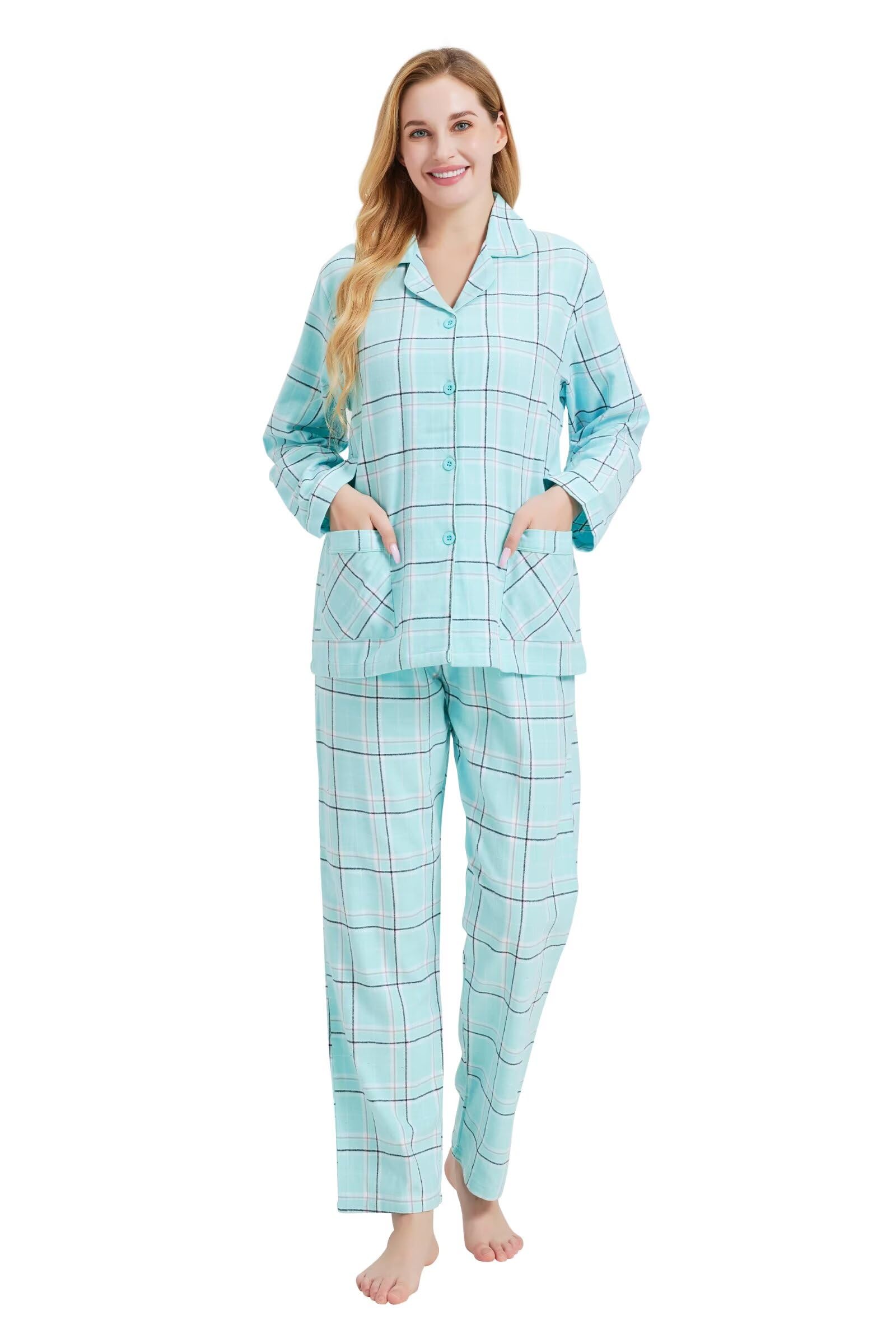 Kolipajam Women's Green Plaid 100% Cotton Flannel Pyjama Set Yarn Dyed Cozy Long Sleeve Winter Pjs For