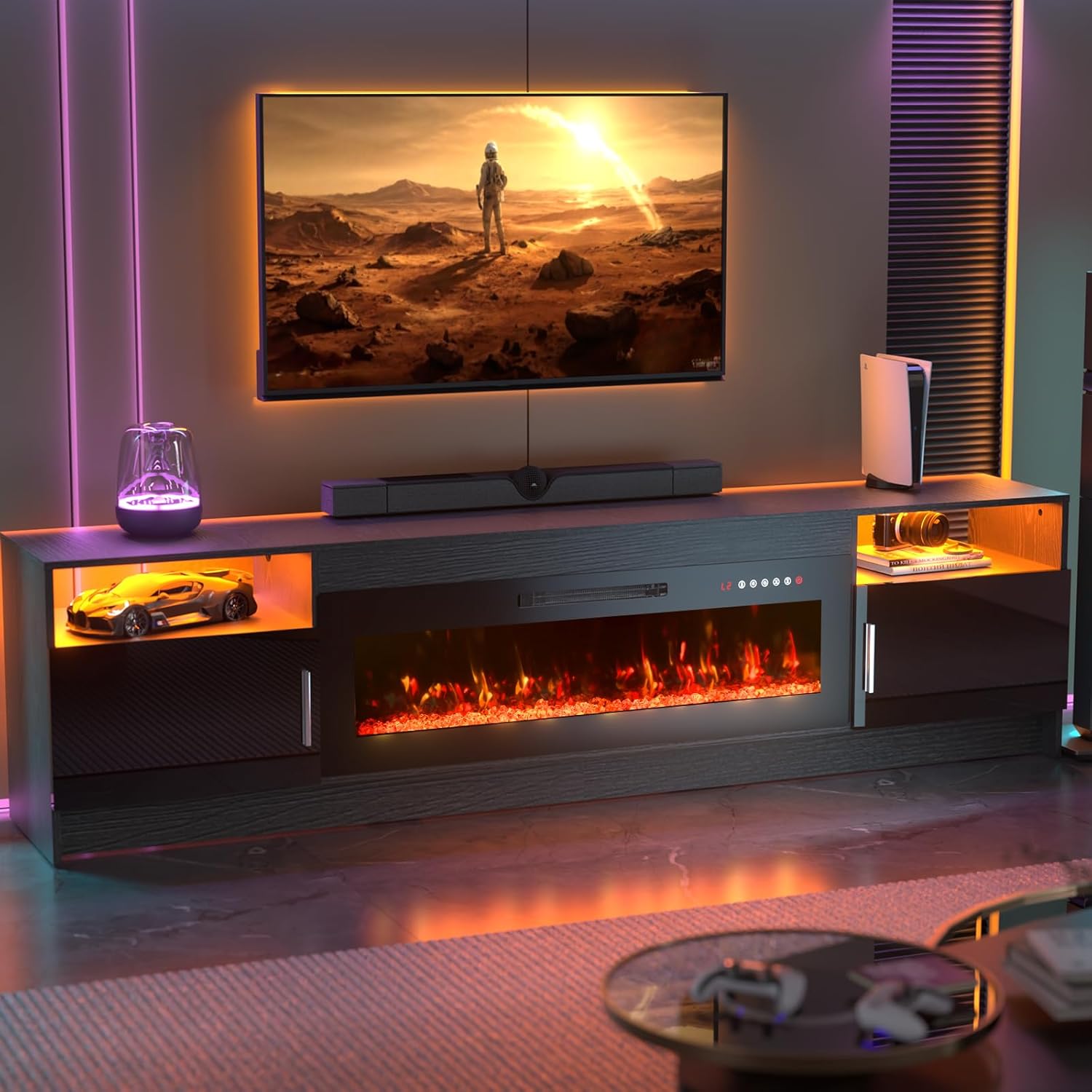 Kucreiheat TV Stand with Fireplace and Led Light-White Entertainment Center for 90 inch TV- TV Cabinet with Storage, High Glossy Door, Modern TV Console for Living Room, 80'' Black