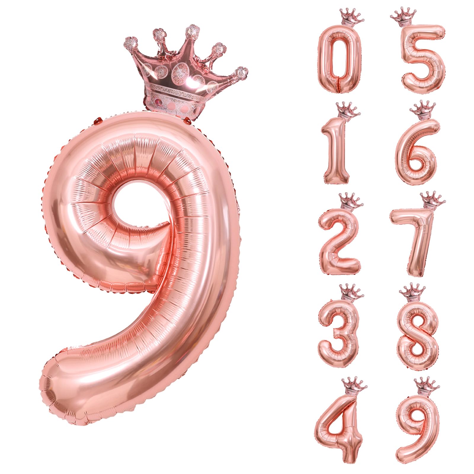 40 Inch RoseGold Number 9 Crown Balloon Set,9th Celebration Decorations for Happy 9th Birthday Party Wedding Bridal Shower Engagement Photo Shoot Anniversary Decoration (RoseGold Number 9)