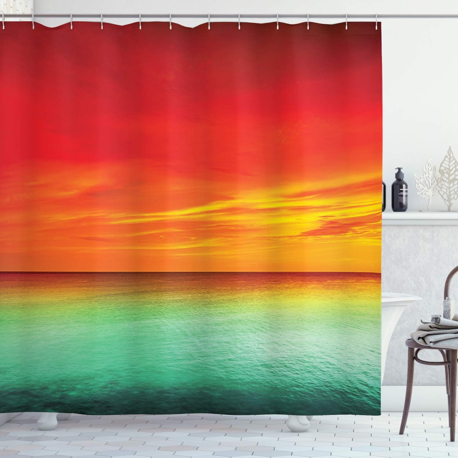 Ambesonne Ocean Shower Curtain, Sunset Sea Holiday Destinations Horizon Peaceful Romantic Seascape View, Cloth Fabric Bathroom Decor Set with Hooks, 69" W x 84" L, Mint Green