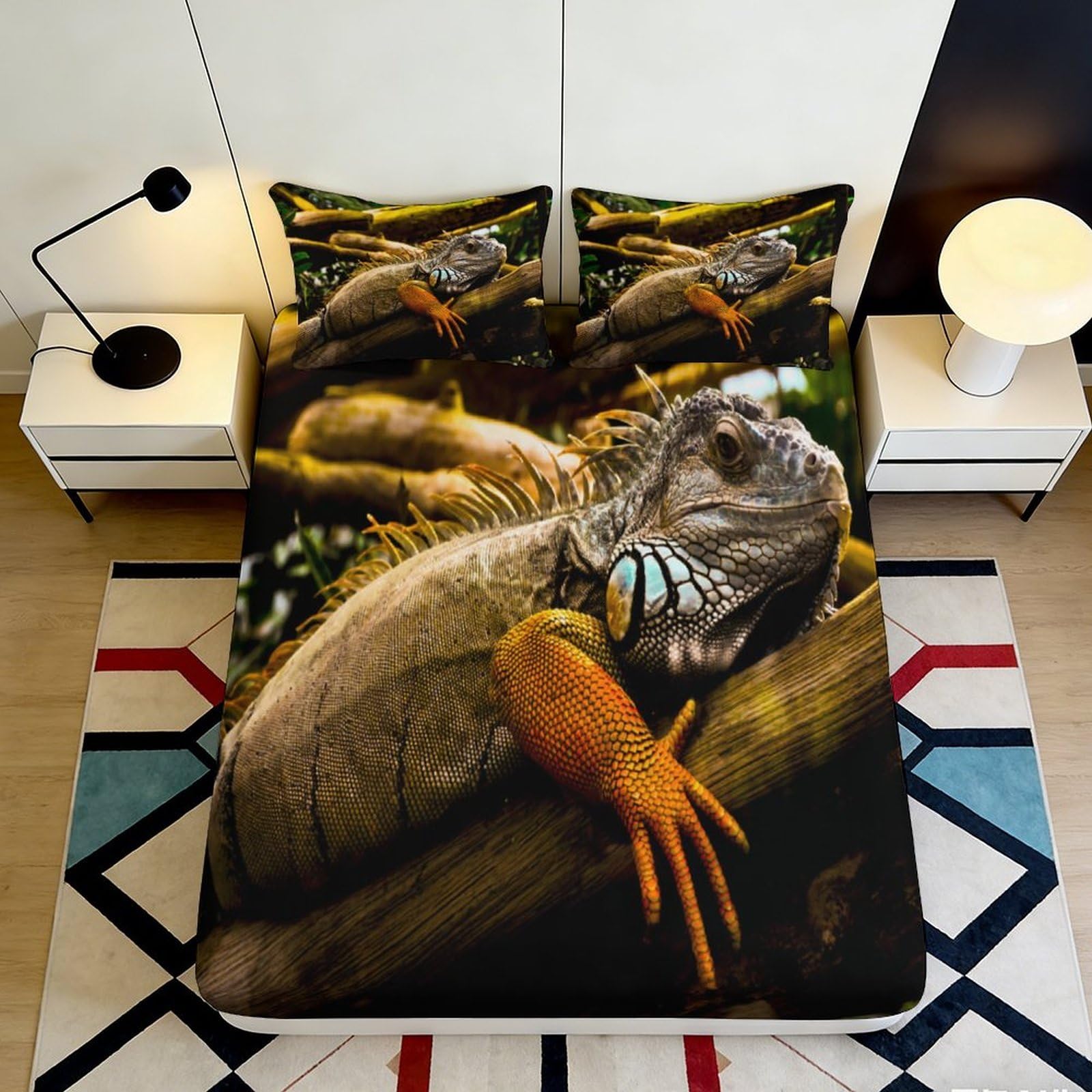 3D Printed Lizard Jungle Fitted Sheet Microfiber Soft Anti-Slip Iguana Mattress Cover for Bedroom Decor 90x200x25cm