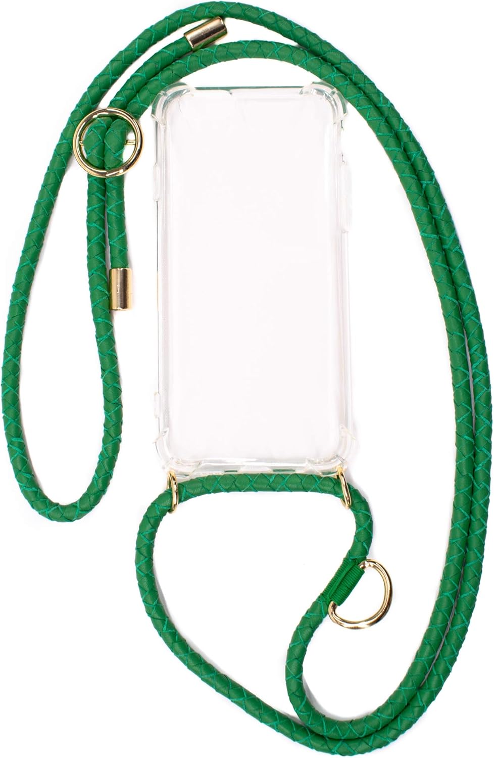 Blee-s/SARA/Dark Green Leather Handknitted Shoulder Strap/Neck Lanyard with Shockproof Transparrent TPU Phone Case (Compatible with iPhone 7Plus / iPhone 8Plus) (Gold Accessories)
