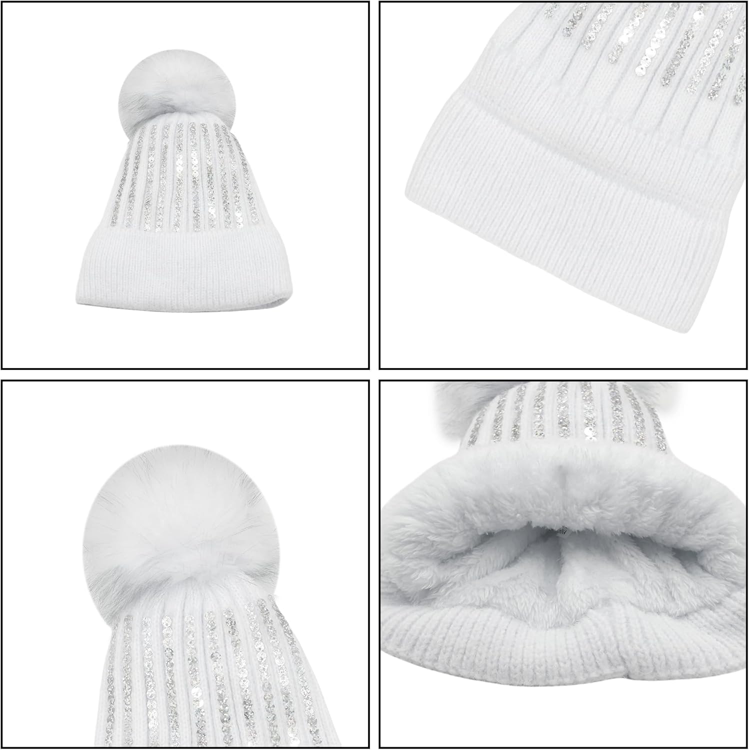 Women Girls Winter Sequin Beanie Hat with Faux Fur Pom Pom Knit Skull Cap