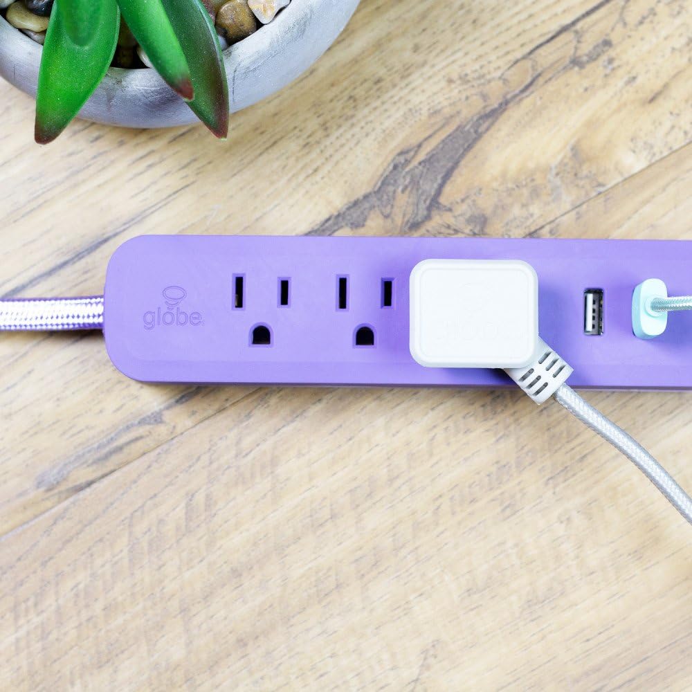 Globe Electric 78391 Designer Series 6-ft 3-Outlet USB Surge Protector Power Strip, 2x USB Ports, Right Angle Plug, Lavender Rubberized Finish