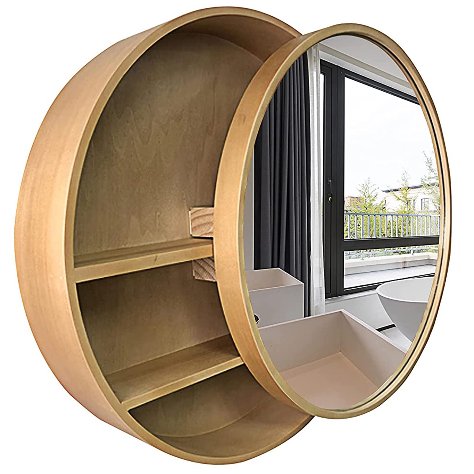 Elegante Armadio per Il Bagno a Parete con specchi Rotondi e Trucco - Soluzione Moderna per spazi di Vita organizzati.